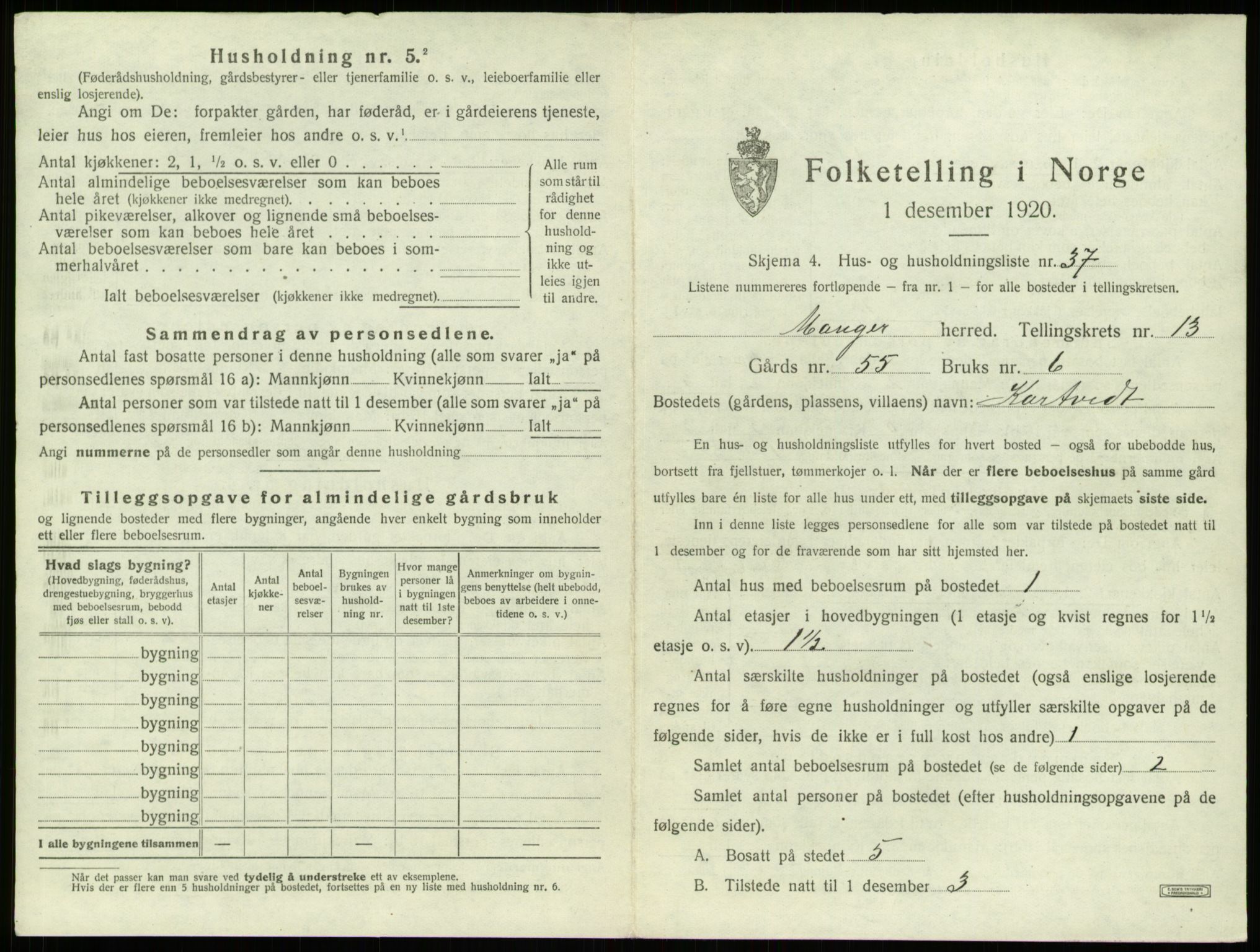 SAB, 1920 census for Manger, 1920, p. 1086