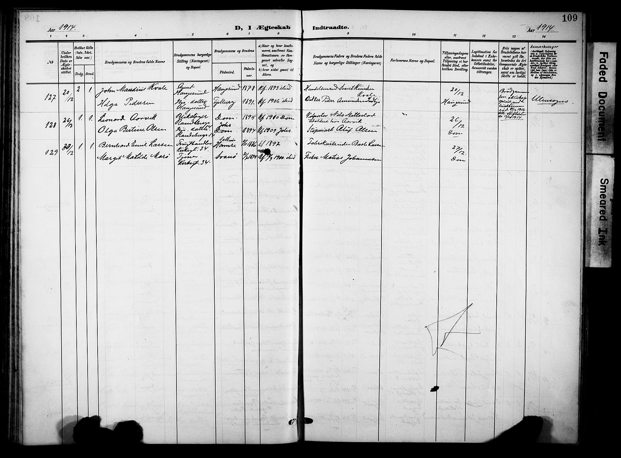 Domkirken sokneprestkontor, AV/SAST-A-101812/001/30/30BB/L0017: Parish register (copy) no. B 17, 1902-1921, p. 109