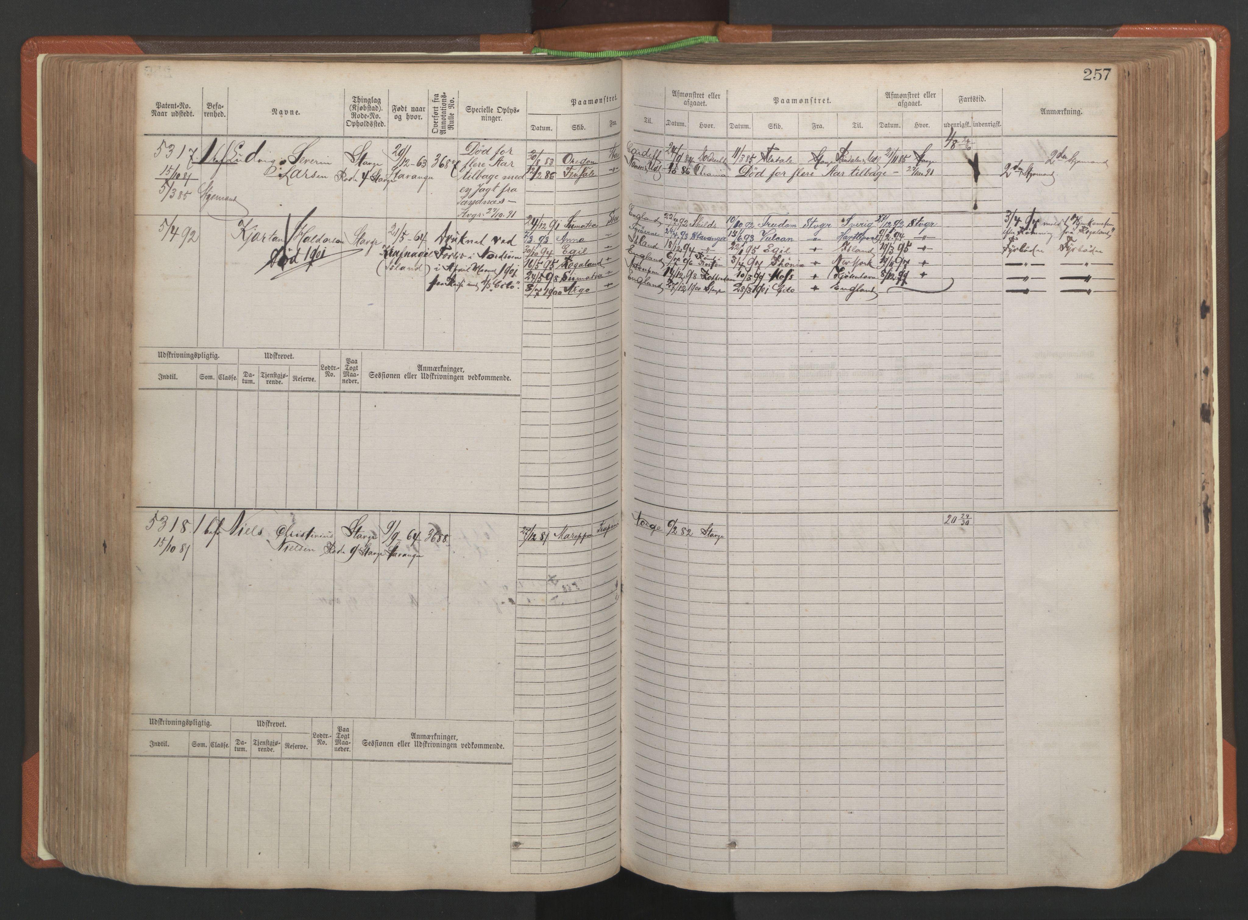 Stavanger sjømannskontor, AV/SAST-A-102006/F/Fb/Fbb/L0009: Sjøfartshovedrulle, patentnr. 4805-6006, 1879-1887, p. 263