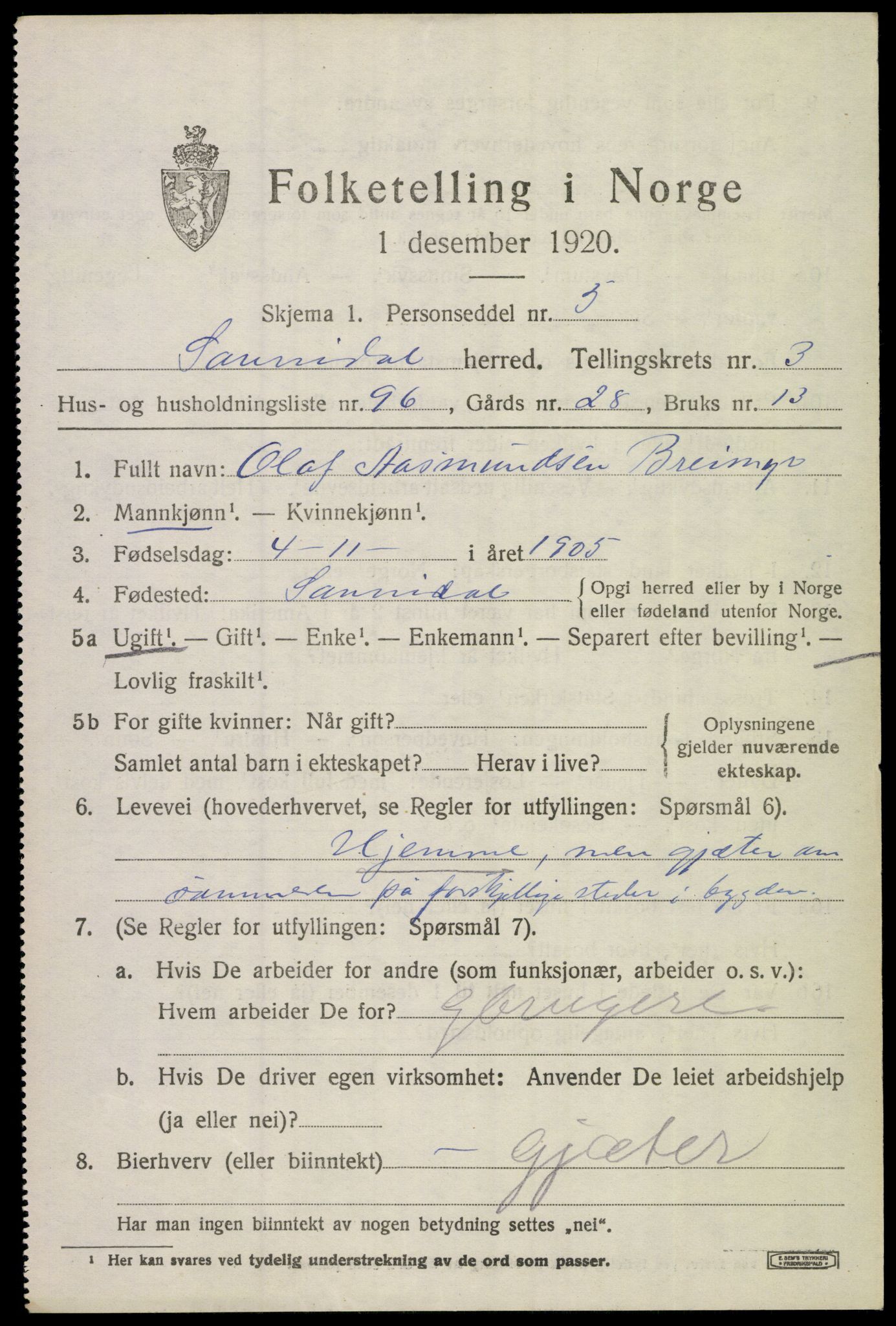 SAKO, 1920 census for Sannidal, 1920, p. 3327