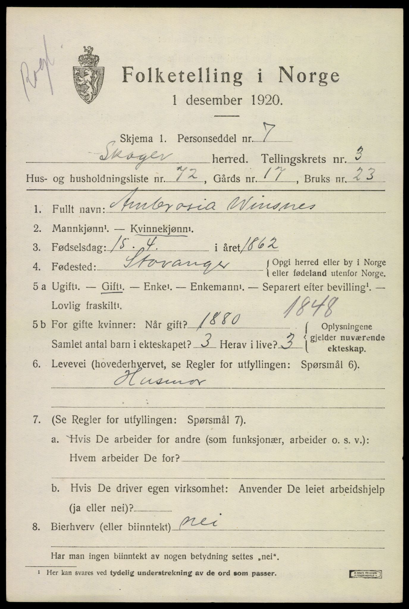 SAKO, 1920 census for Skoger, 1920, p. 8471