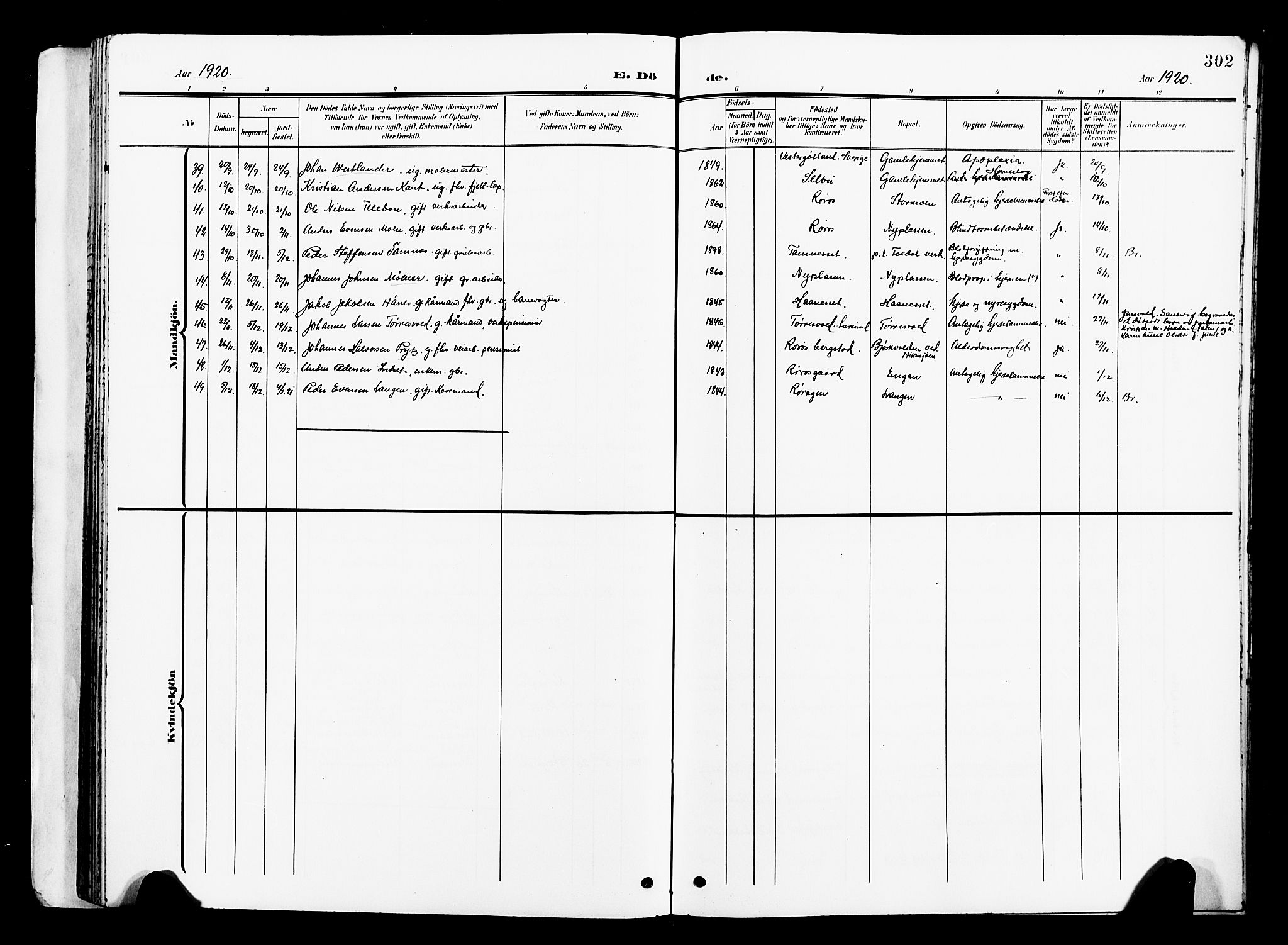 Ministerialprotokoller, klokkerbøker og fødselsregistre - Sør-Trøndelag, SAT/A-1456/681/L0942: Parish register (copy) no. 681C06, 1906-1925, p. 302