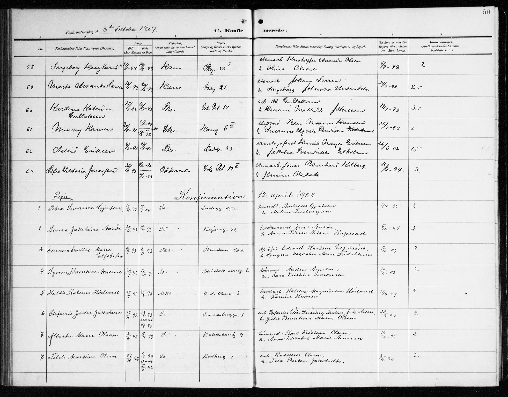 Sandviken Sokneprestembete, SAB/A-77601/H/Ha/L0011: Parish register (official) no. C 2, 1905-1918, p. 50