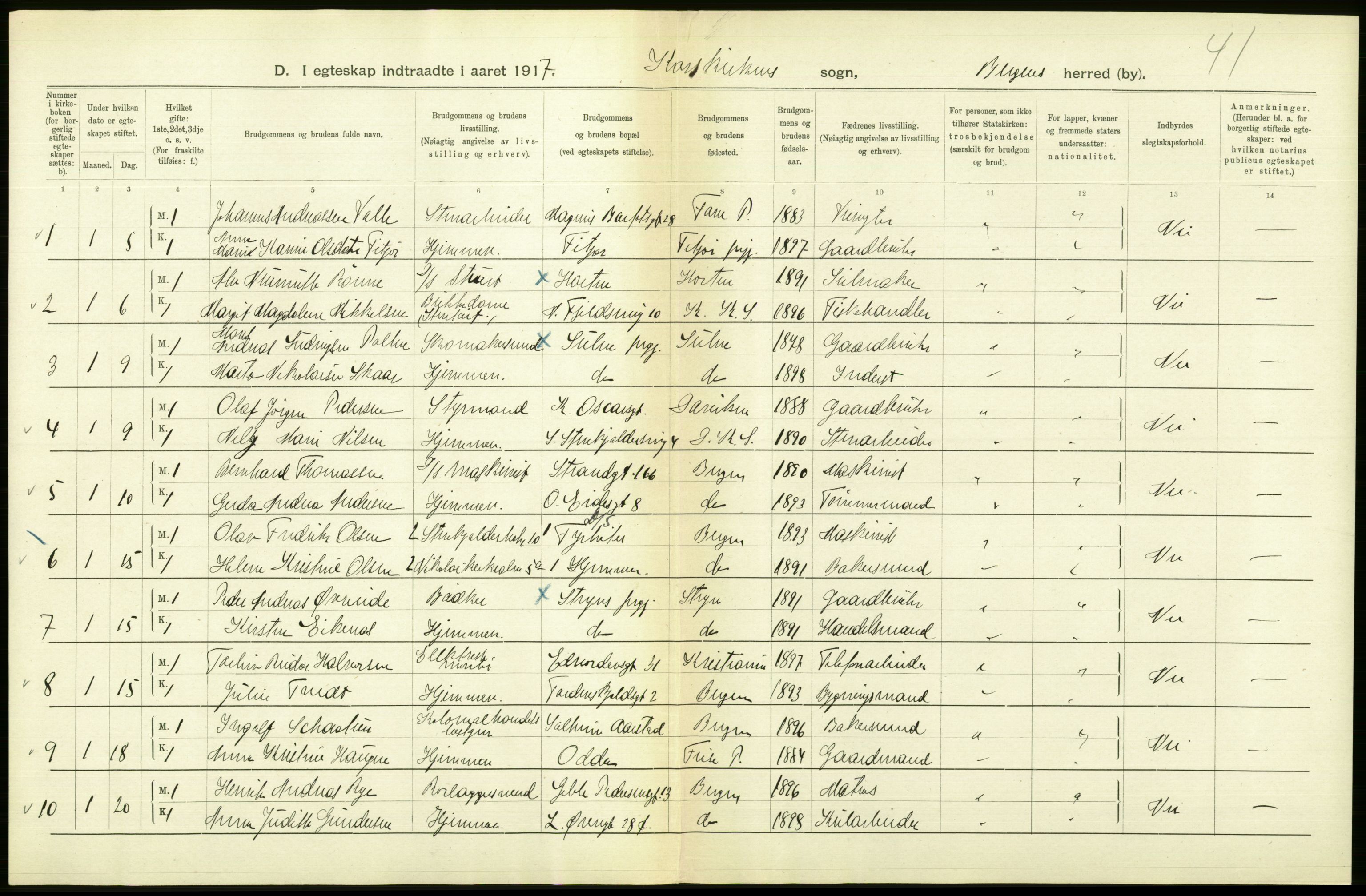 Statistisk sentralbyrå, Sosiodemografiske emner, Befolkning, RA/S-2228/D/Df/Dfb/Dfbg/L0038: Bergen: Gifte, døde, dødfødte., 1917, p. 40