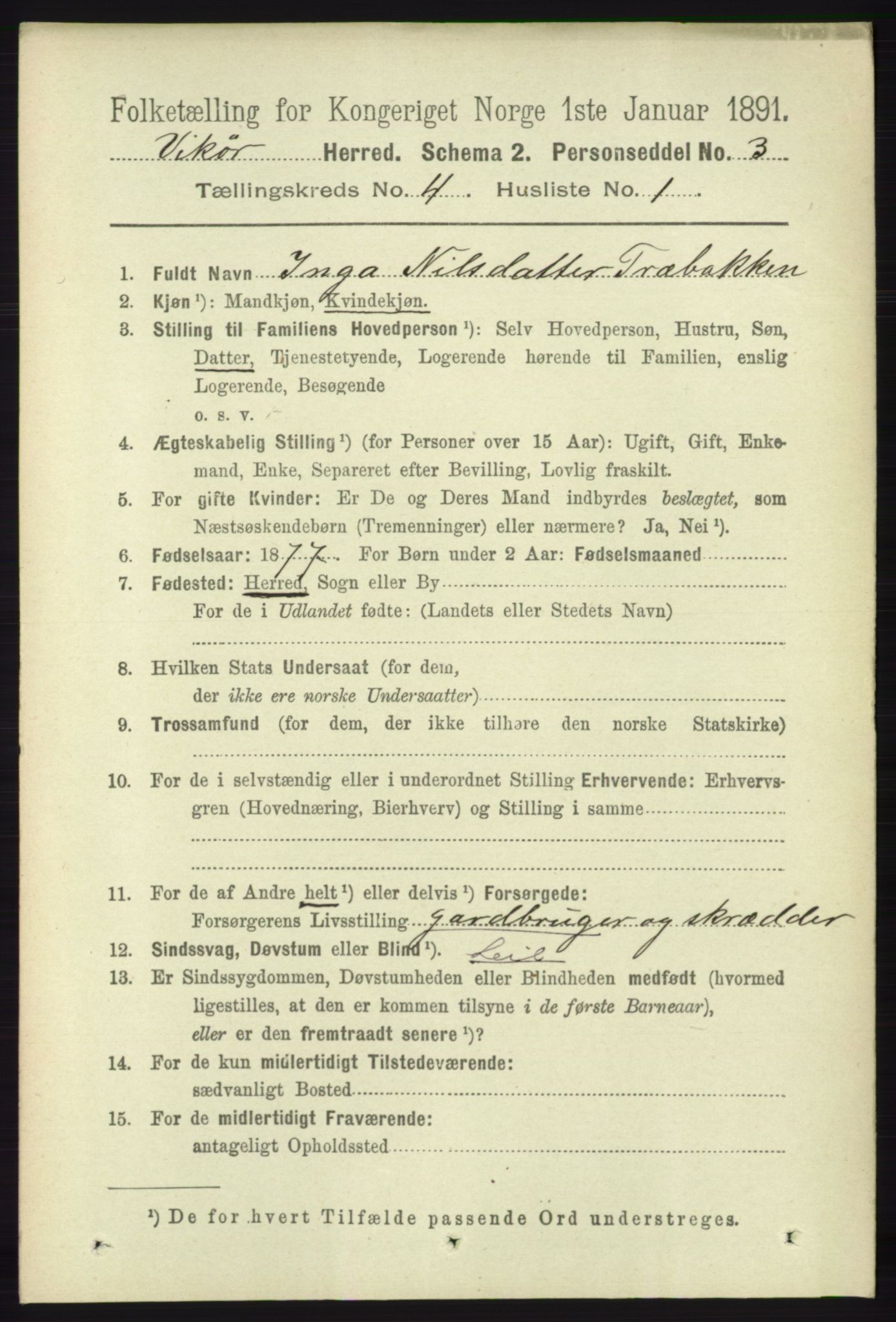 RA, 1891 census for 1238 Vikør, 1891, p. 1087