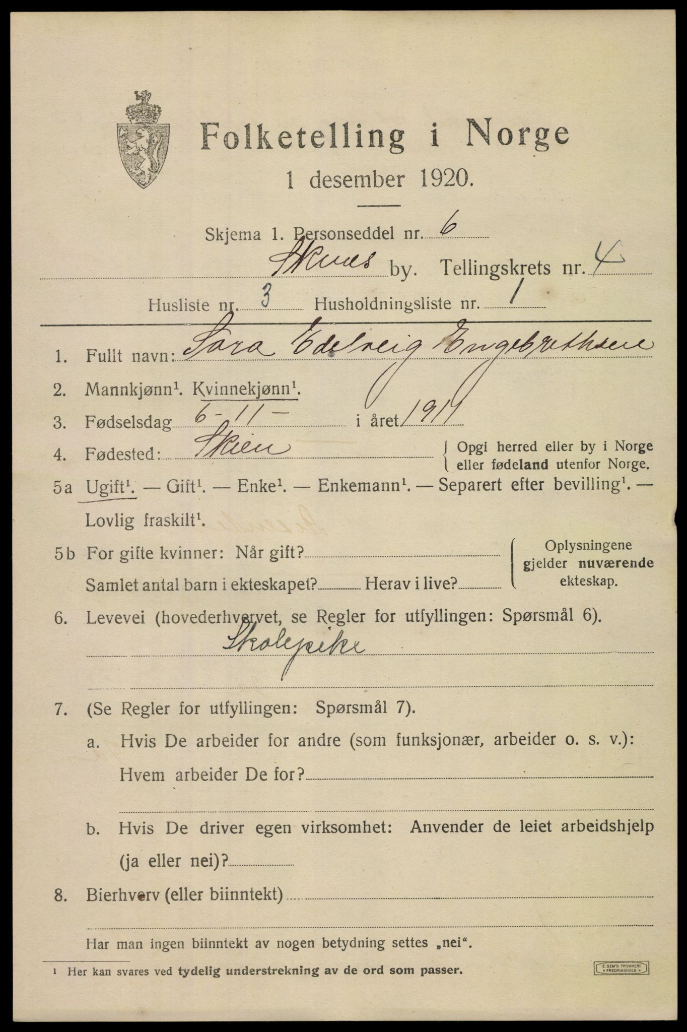 SAKO, 1920 census for Skien, 1920, p. 16850