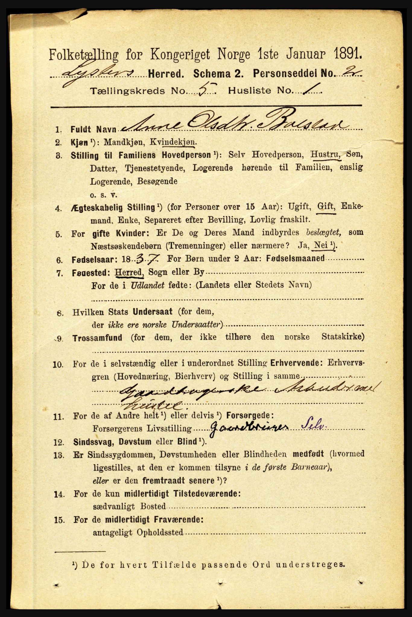 RA, 1891 census for 1426 Luster, 1891, p. 1591