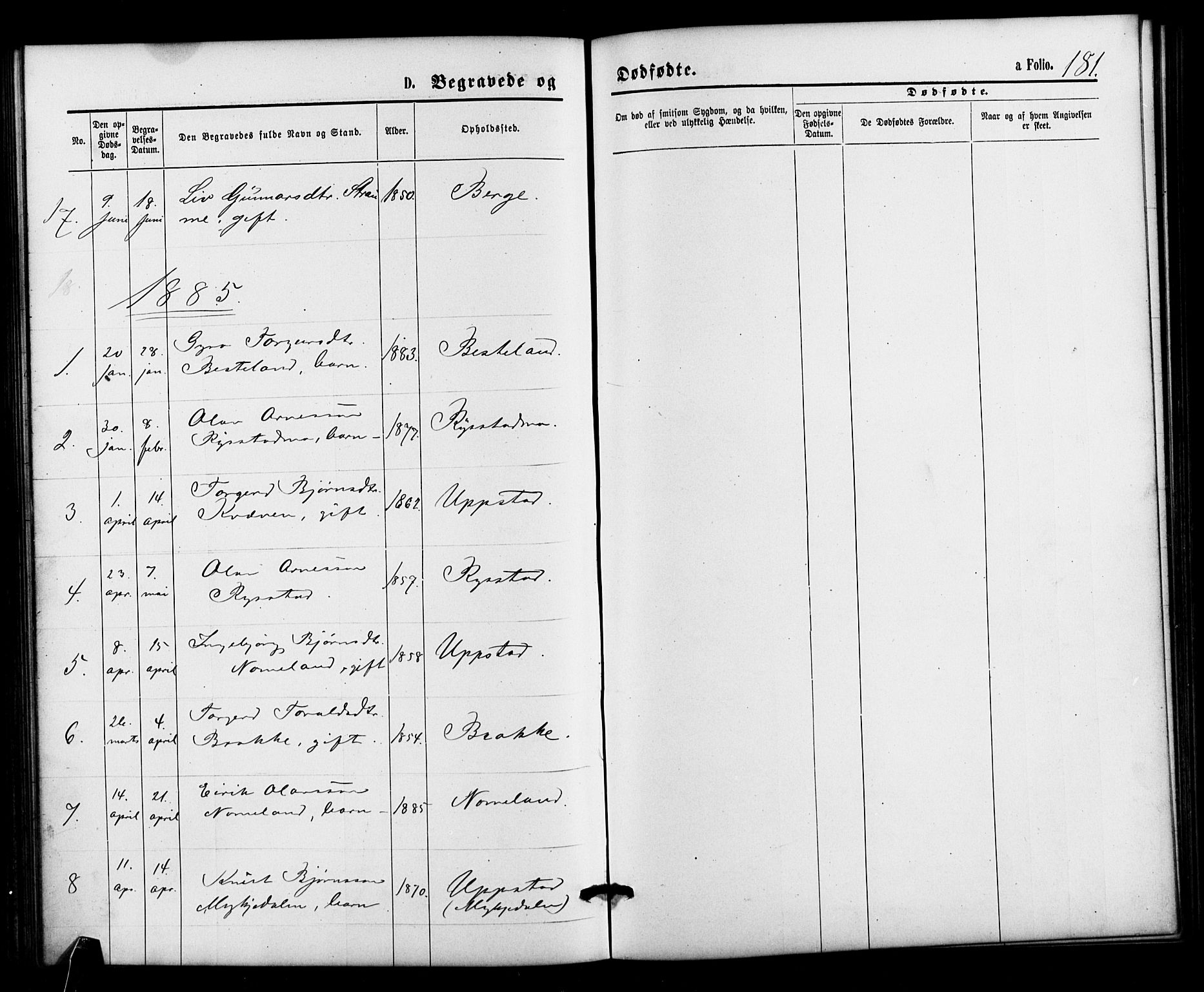 Valle sokneprestkontor, AV/SAK-1111-0044/F/Fb/Fbb/L0002: Parish register (copy) no. B 2, 1875-1921, p. 181