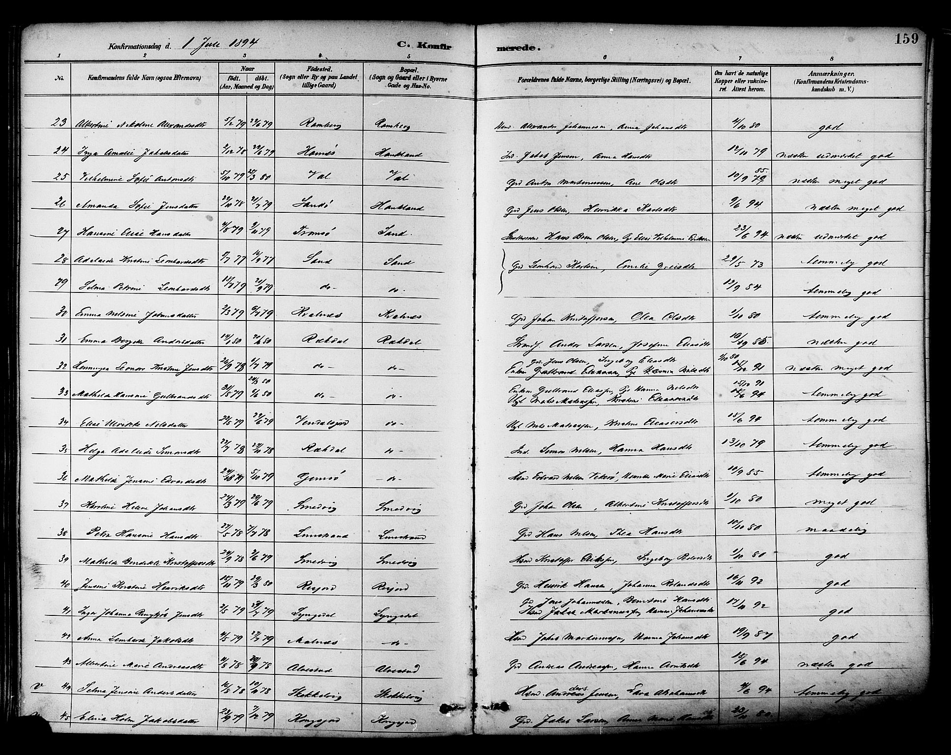 Ministerialprotokoller, klokkerbøker og fødselsregistre - Nordland, SAT/A-1459/880/L1133: Parish register (official) no. 880A07, 1888-1898, p. 159
