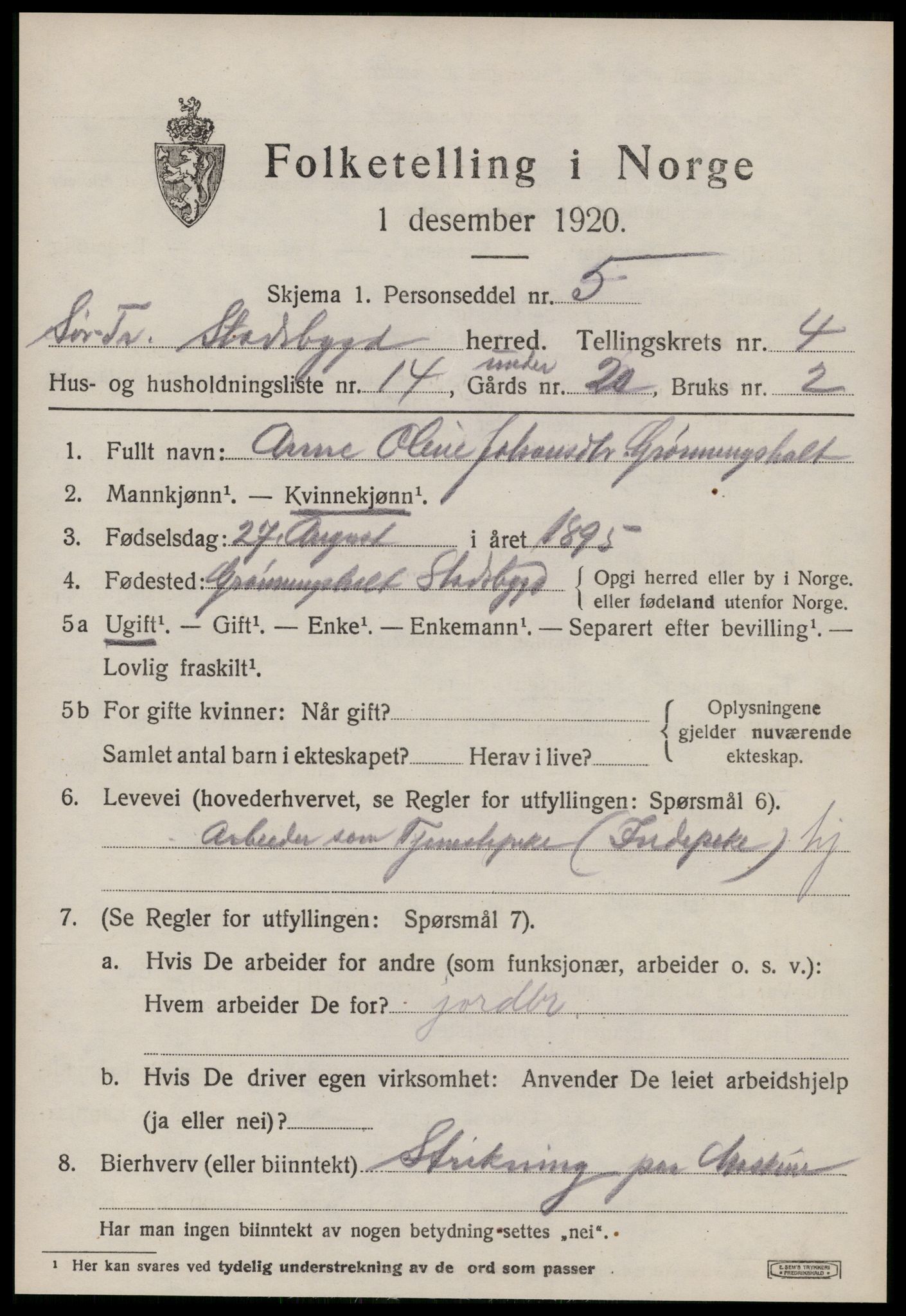 SAT, 1920 census for Stadsbygd, 1920, p. 2540