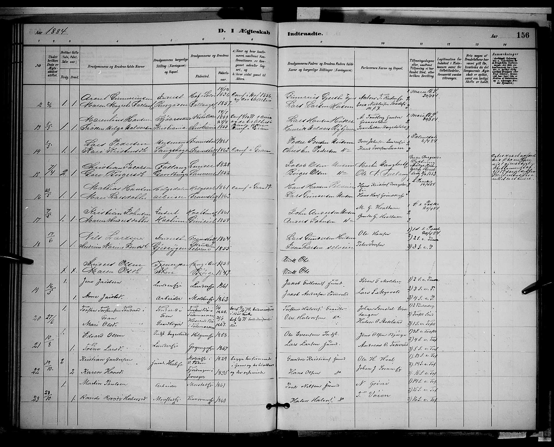 Gran prestekontor, AV/SAH-PREST-112/H/Ha/Hab/L0002: Parish register (copy) no. 2, 1879-1892, p. 156