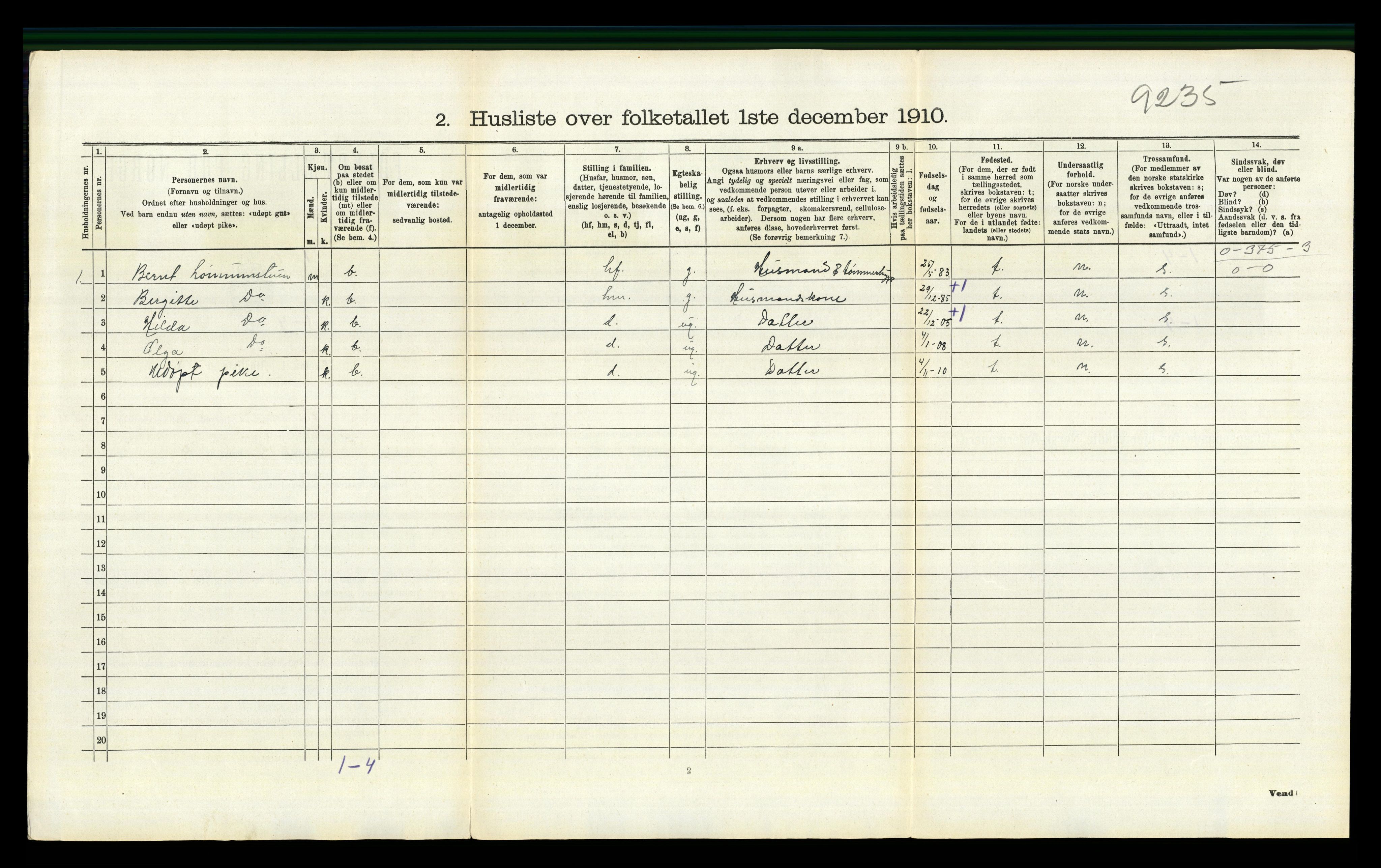 RA, 1910 census for Snertingdal, 1910, p. 132