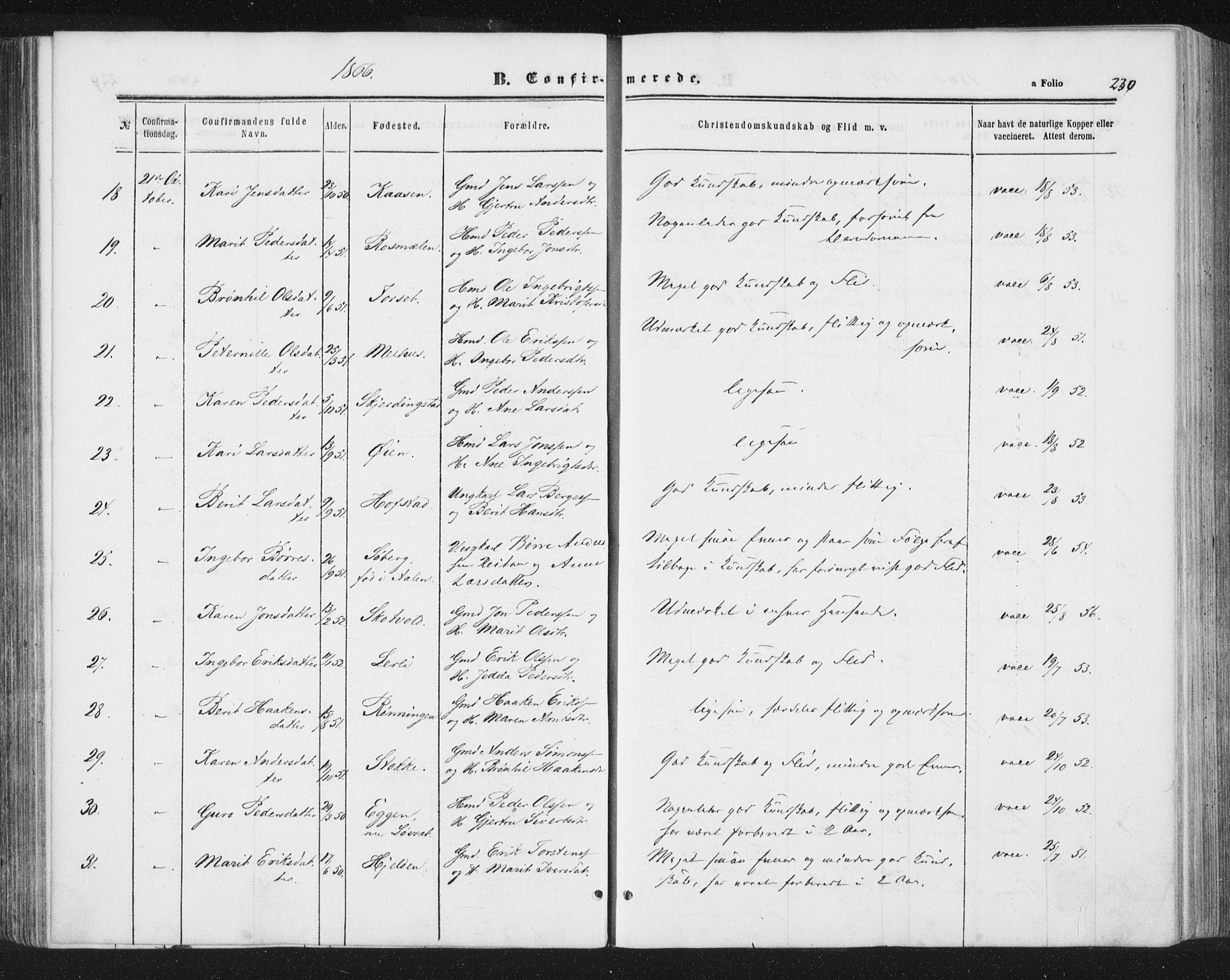 Ministerialprotokoller, klokkerbøker og fødselsregistre - Sør-Trøndelag, AV/SAT-A-1456/691/L1077: Parish register (official) no. 691A09, 1862-1873, p. 230