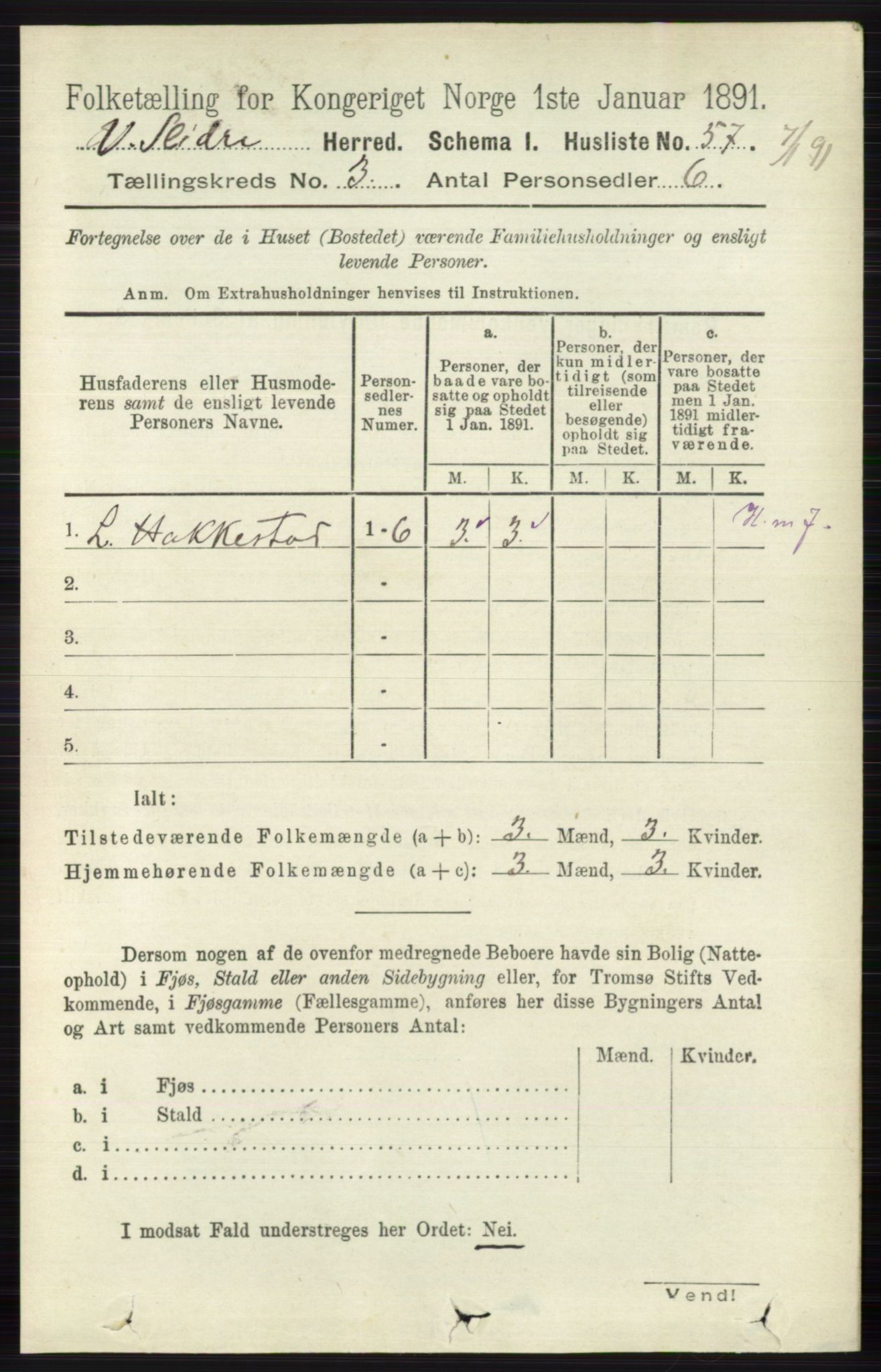 RA, 1891 census for 0543 Vestre Slidre, 1891, p. 820