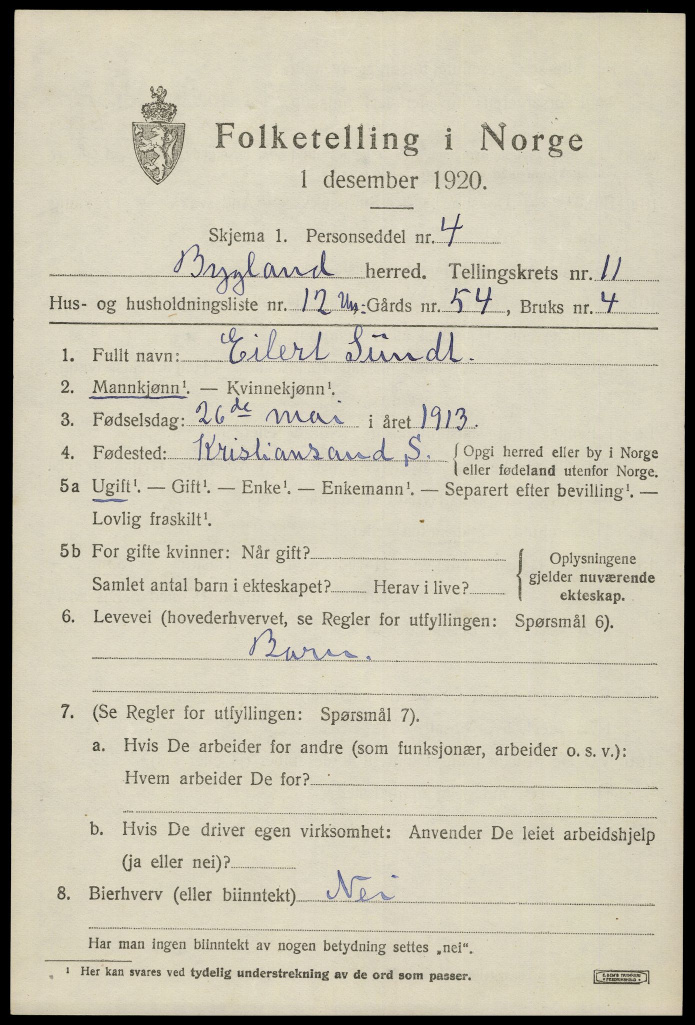 SAK, 1920 census for Bygland, 1920, p. 4301