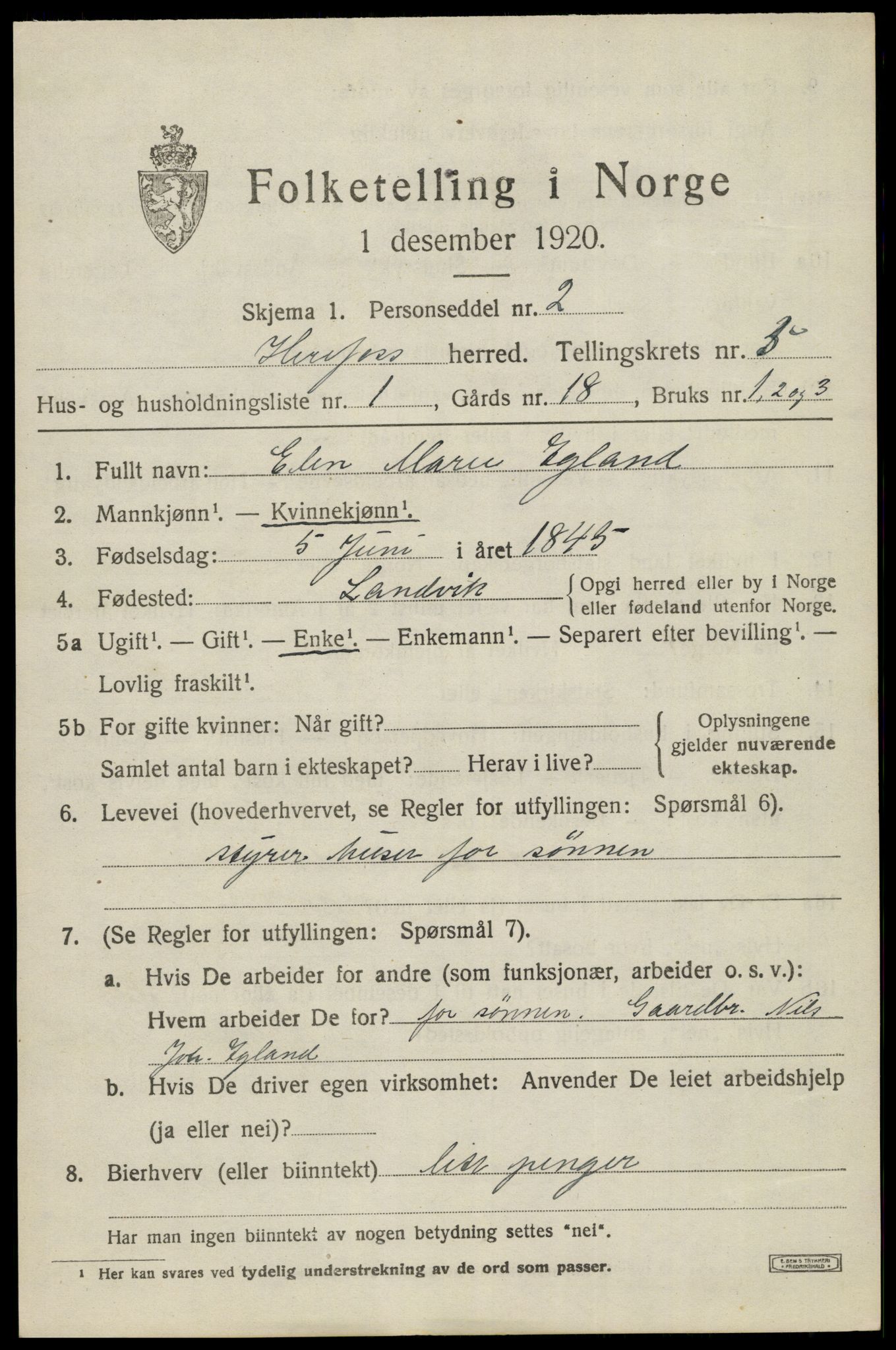 SAK, 1920 census for Herefoss, 1920, p. 920