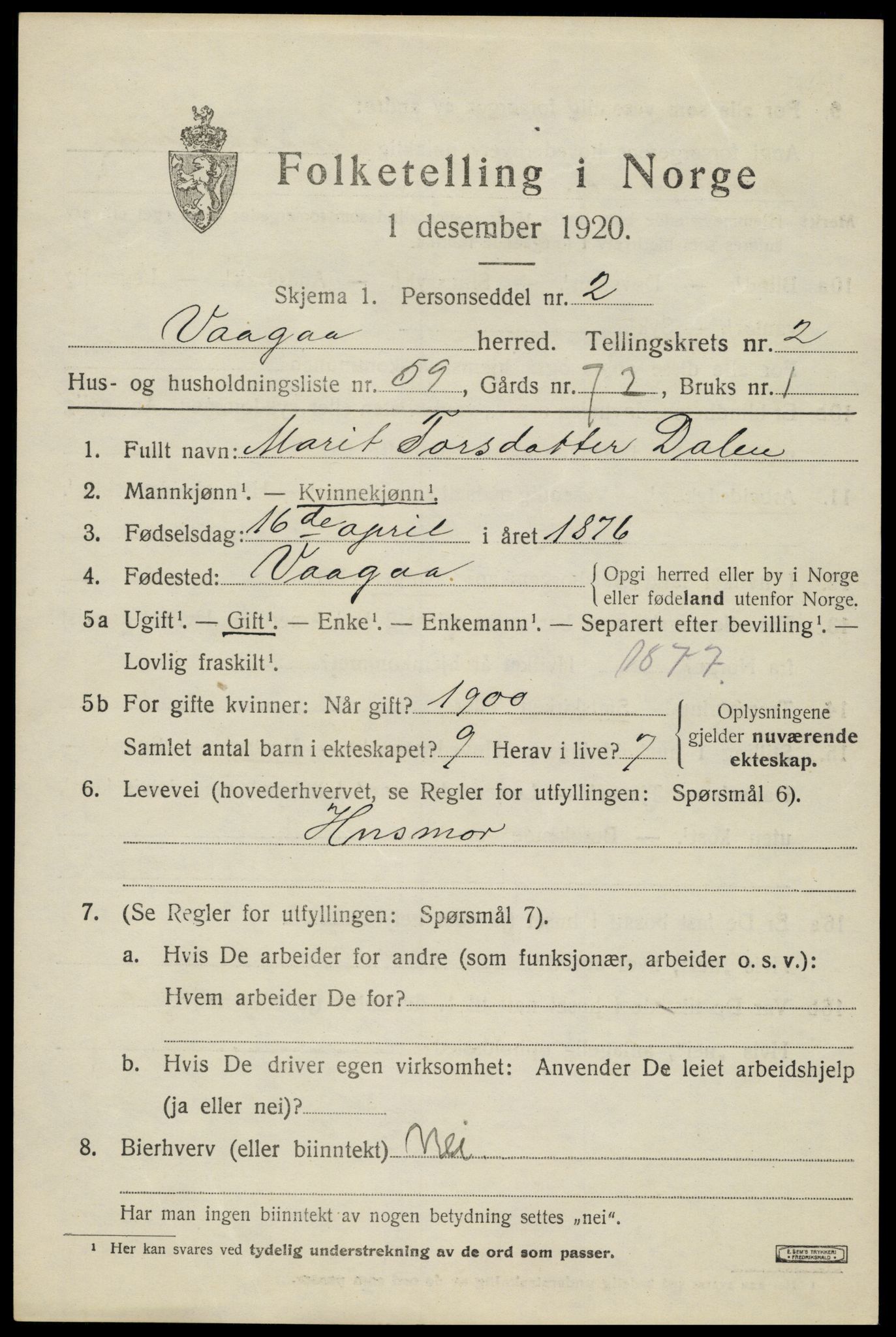 SAH, 1920 census for Vågå, 1920, p. 2664