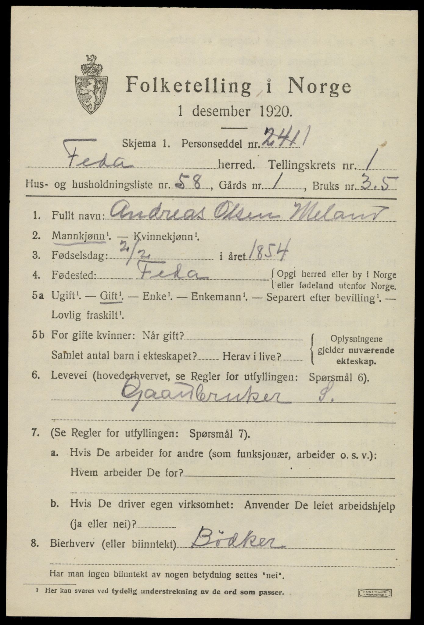 SAK, 1920 census for Feda, 1920, p. 933