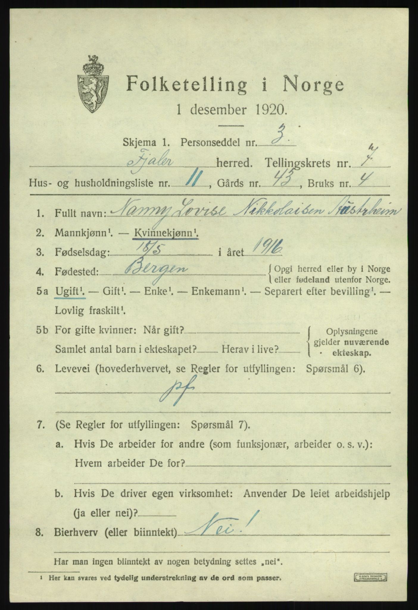 SAB, 1920 census for Fjaler, 1920, p. 4231