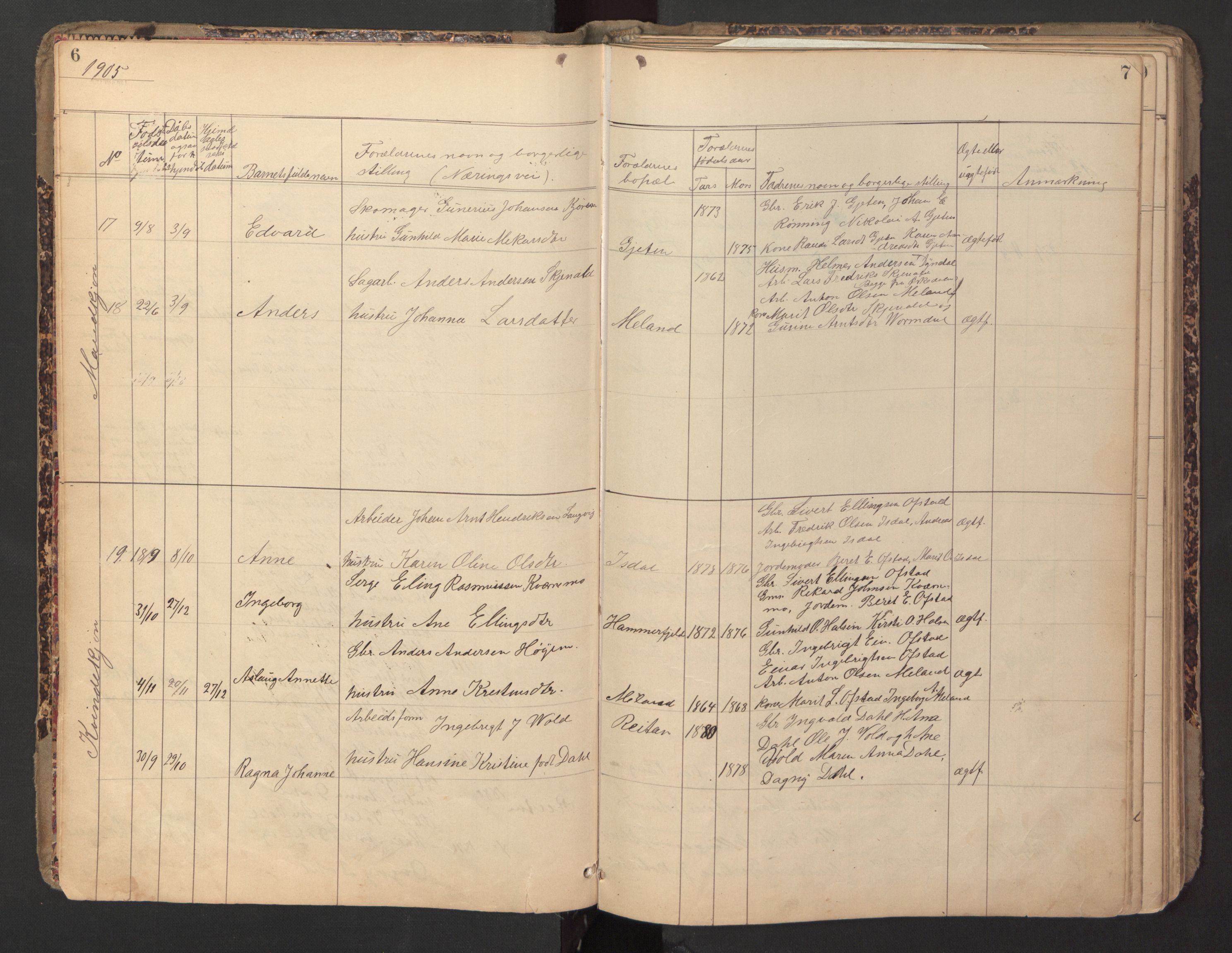 Ministerialprotokoller, klokkerbøker og fødselsregistre - Sør-Trøndelag, AV/SAT-A-1456/670/L0837: Parish register (copy) no. 670C01, 1905-1946, p. 6-7