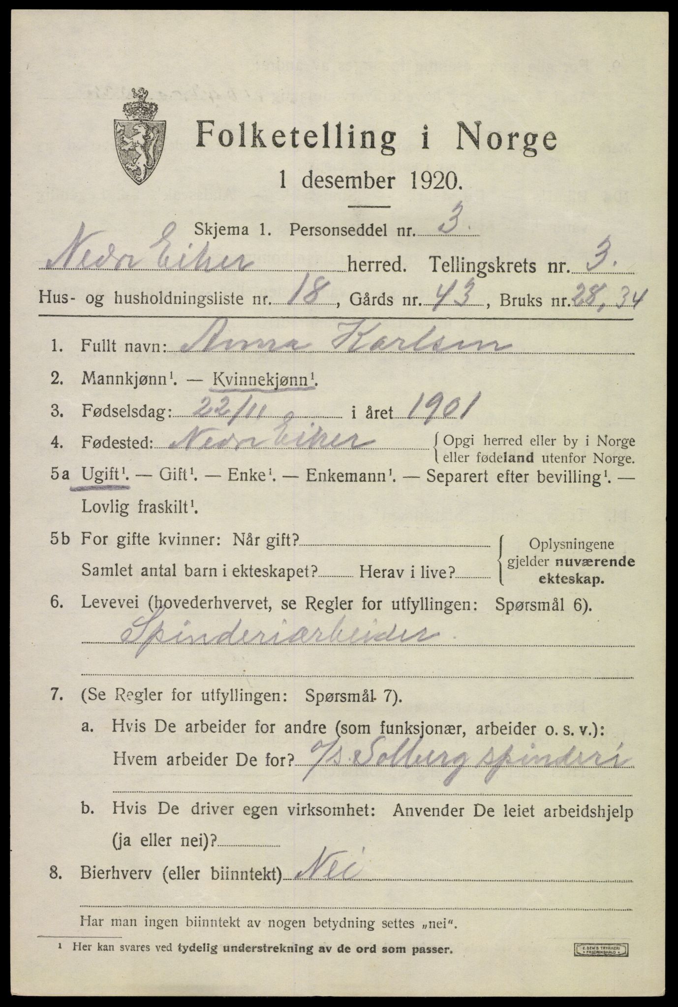 SAKO, 1920 census for Nedre Eiker, 1920, p. 4503