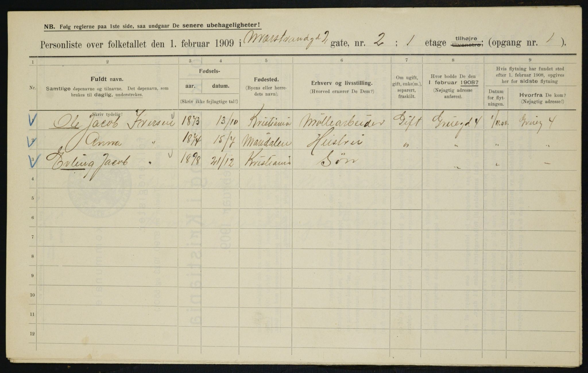 OBA, Municipal Census 1909 for Kristiania, 1909, p. 58694