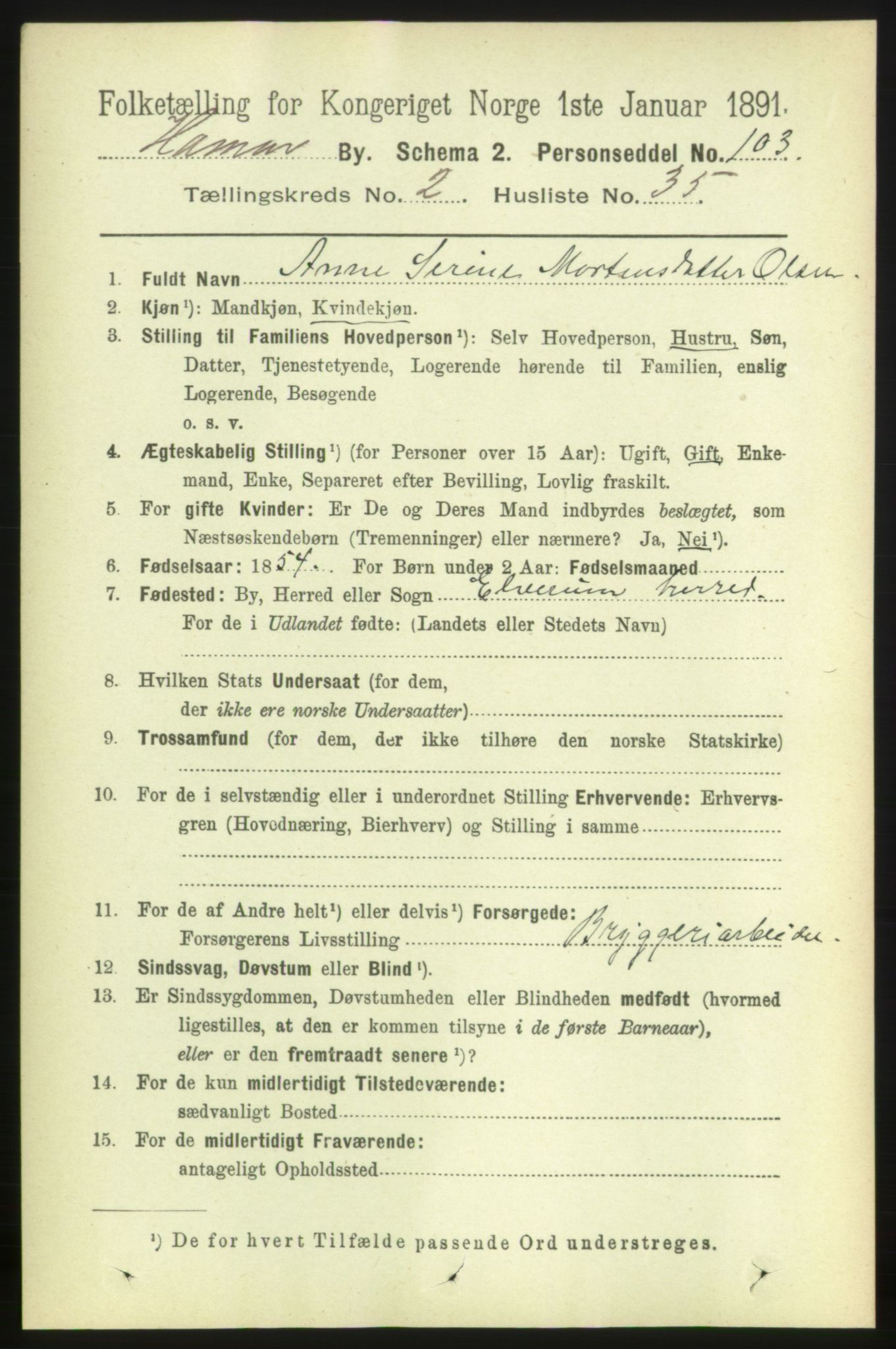 RA, 1891 census for 0401 Hamar, 1891, p. 1568