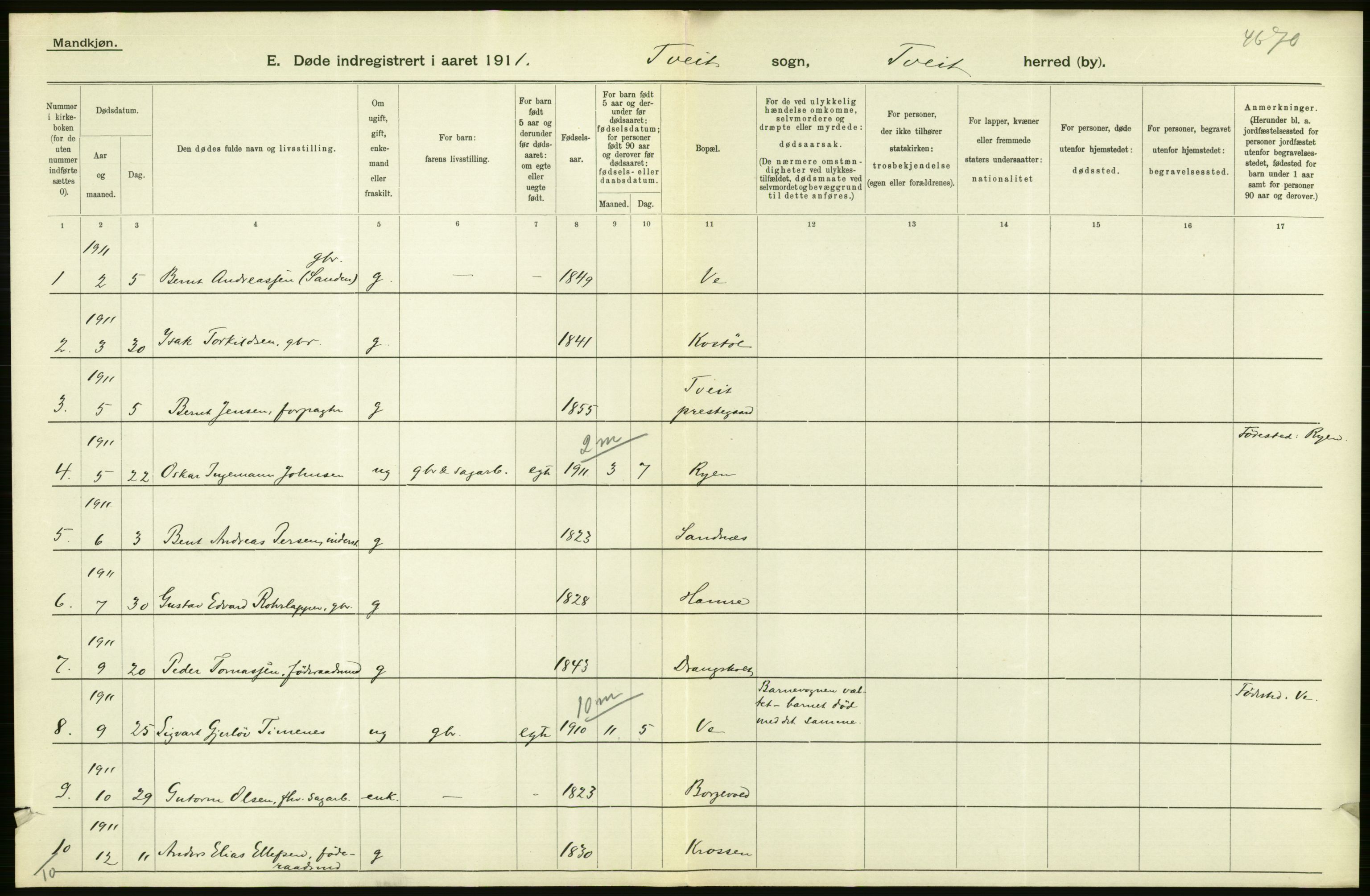 Statistisk sentralbyrå, Sosiodemografiske emner, Befolkning, AV/RA-S-2228/D/Df/Dfb/Dfba/L0024: Lister og Mandals amt:  Gifte, døde, dødfødte. Bygder og byer., 1911, p. 242