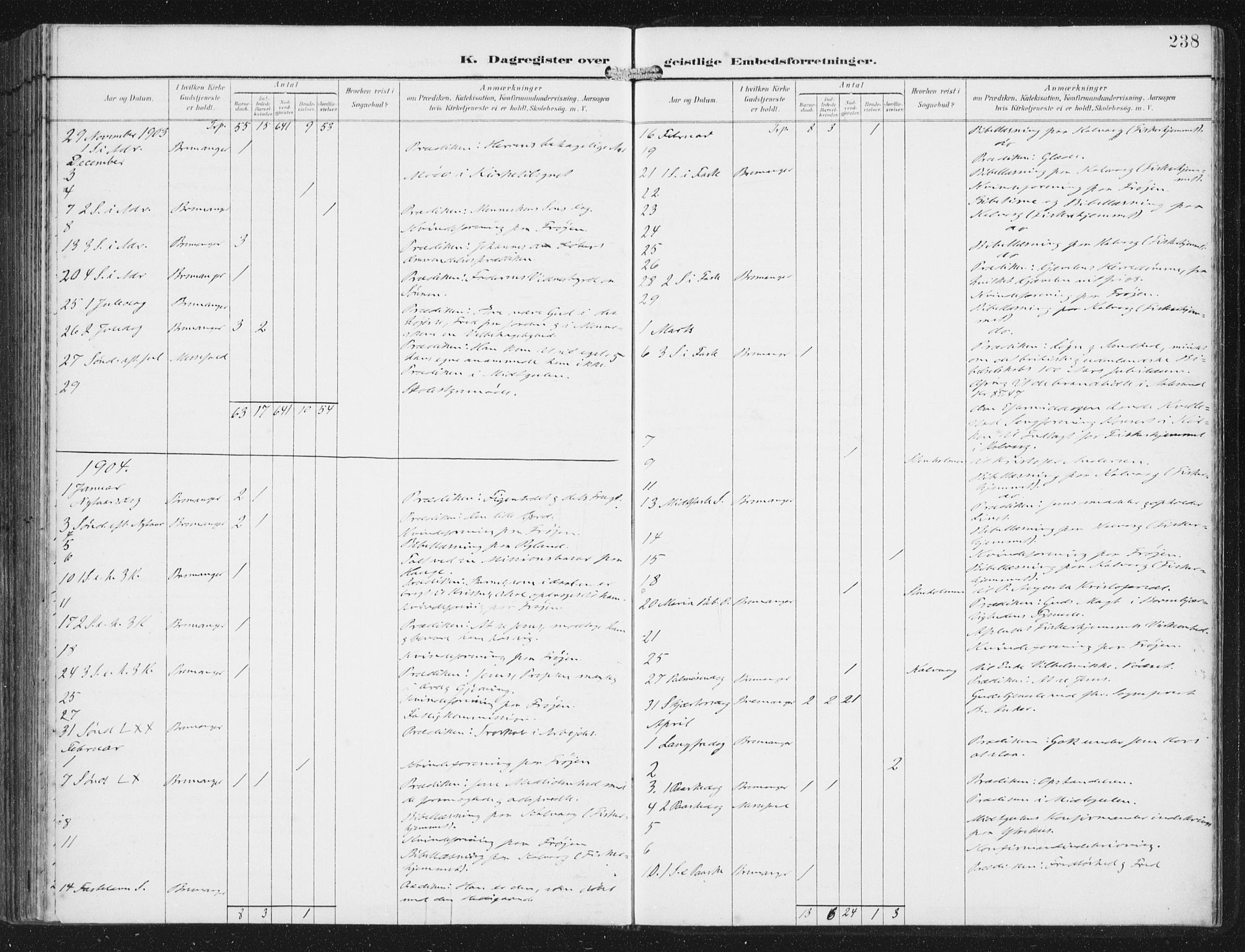 Bremanger sokneprestembete, SAB/A-82201/H/Haa/Haab/L0002: Parish register (official) no. B  2, 1896-1908, p. 238