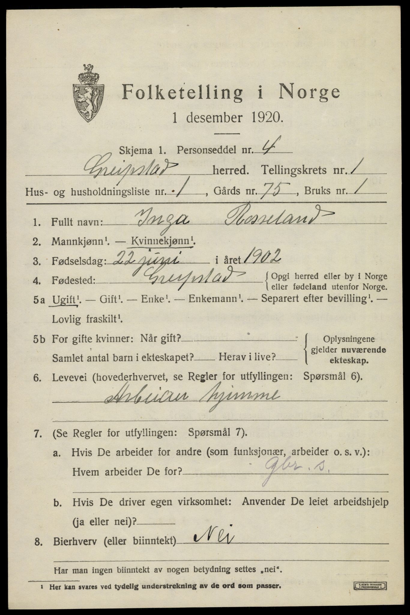 SAK, 1920 census for Greipstad, 1920, p. 432