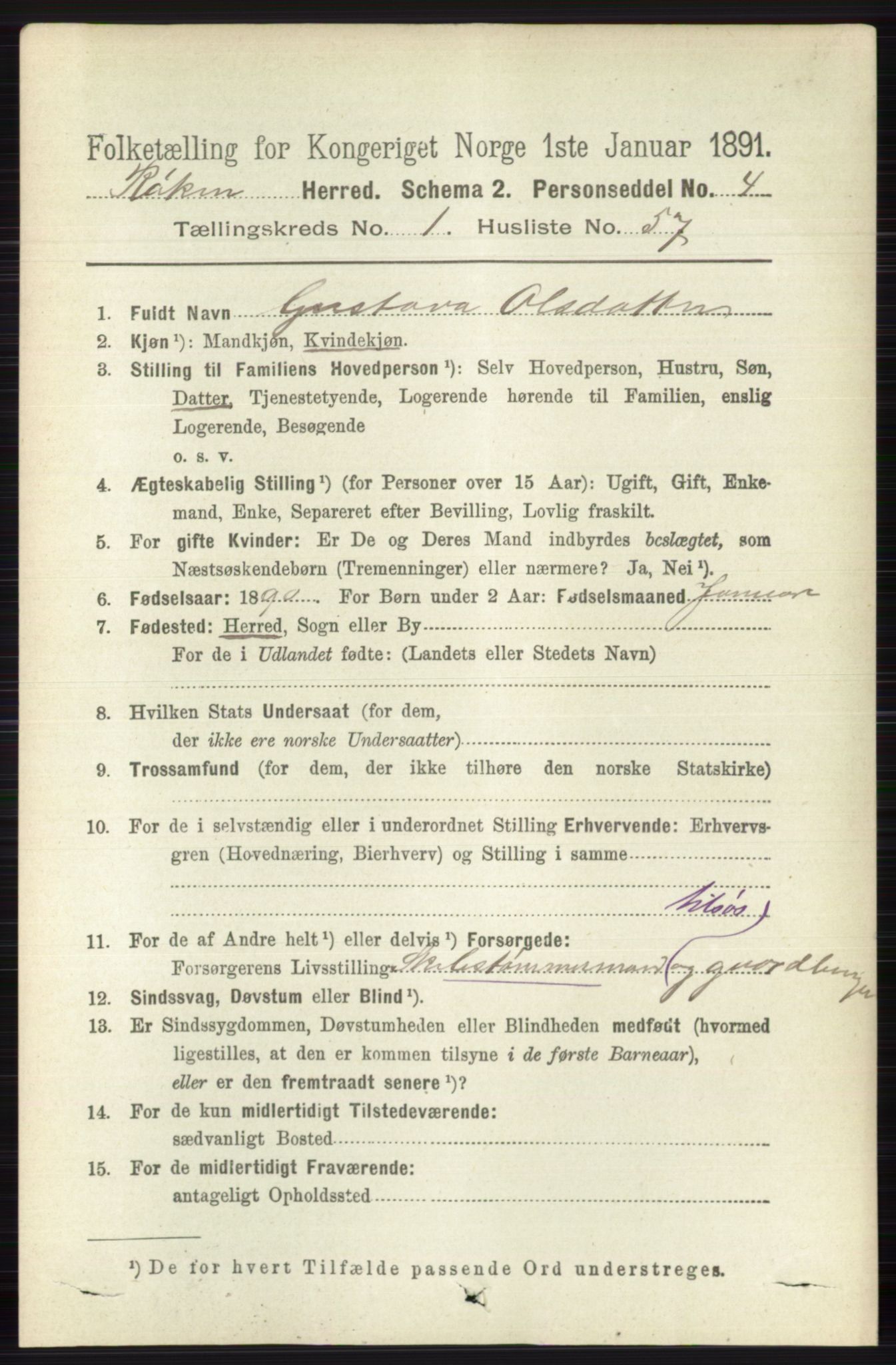 RA, 1891 census for 0627 Røyken, 1891, p. 457