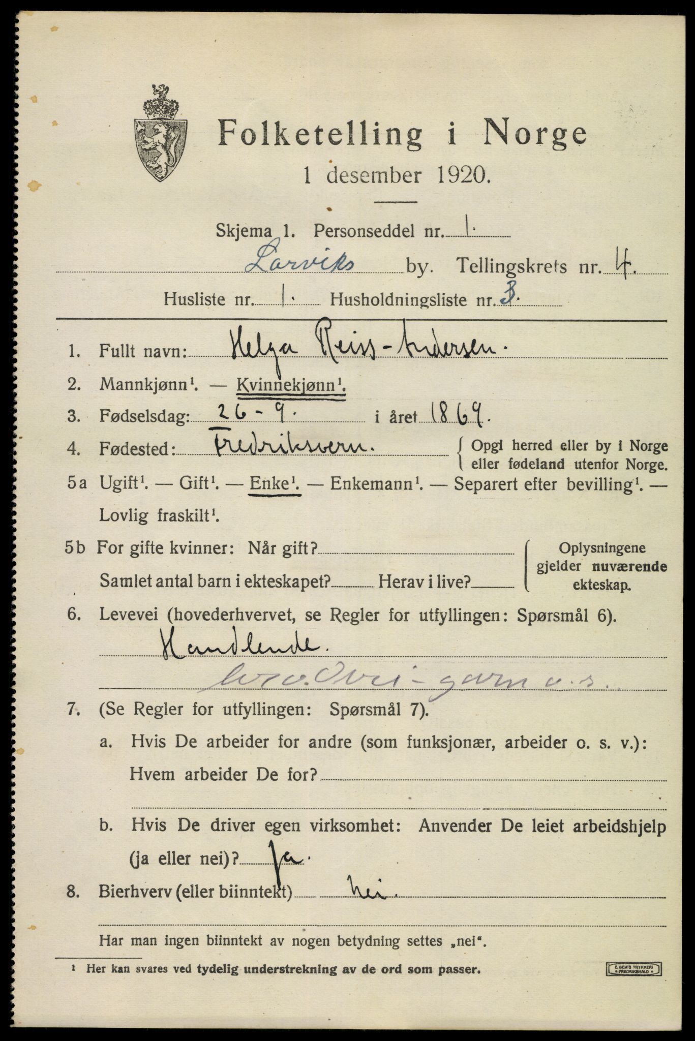 SAKO, 1920 census for Larvik, 1920, p. 13476