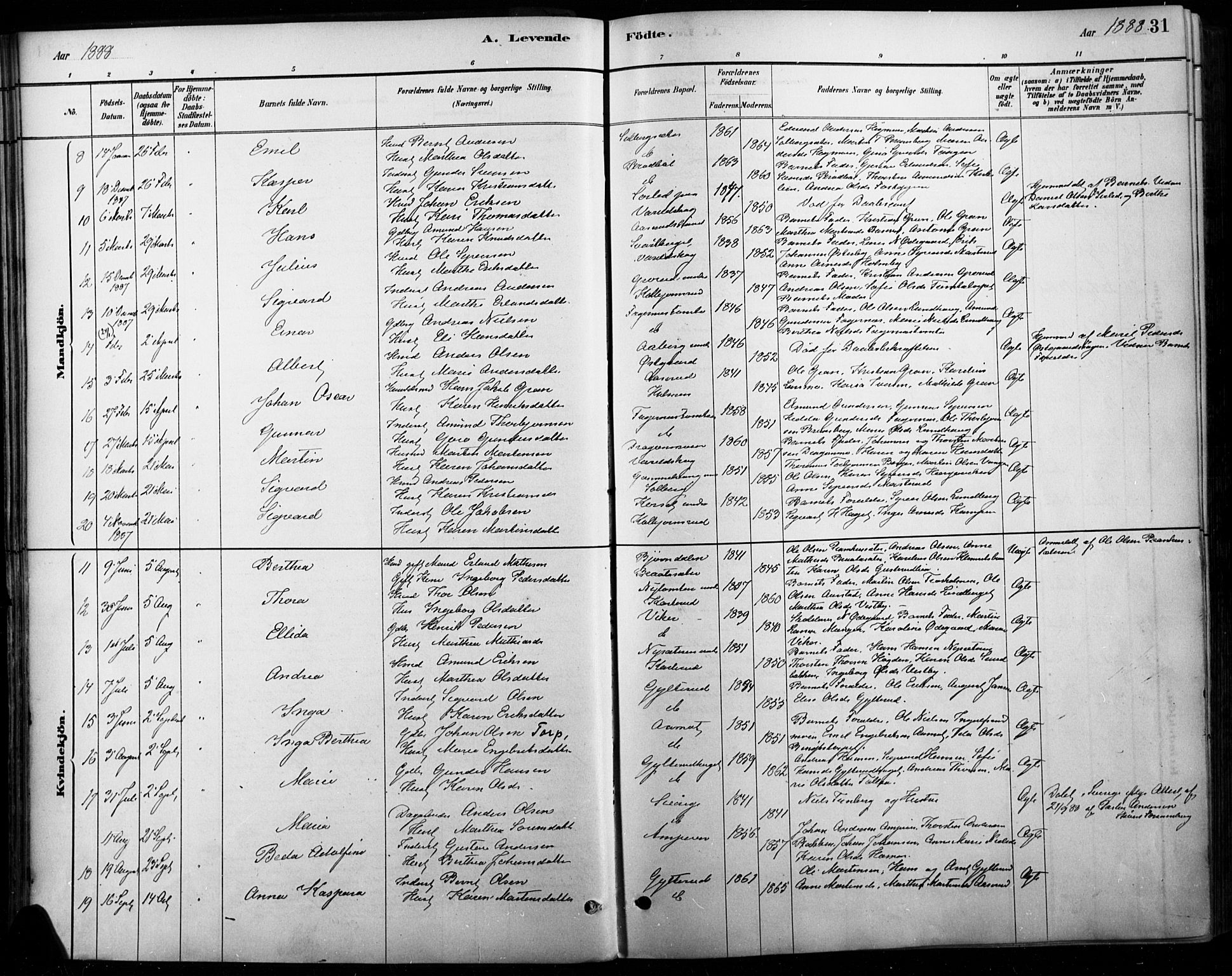 Vinger prestekontor, SAH/PREST-024/H/Ha/Haa/L0015: Parish register (official) no. 15, 1881-1900, p. 31