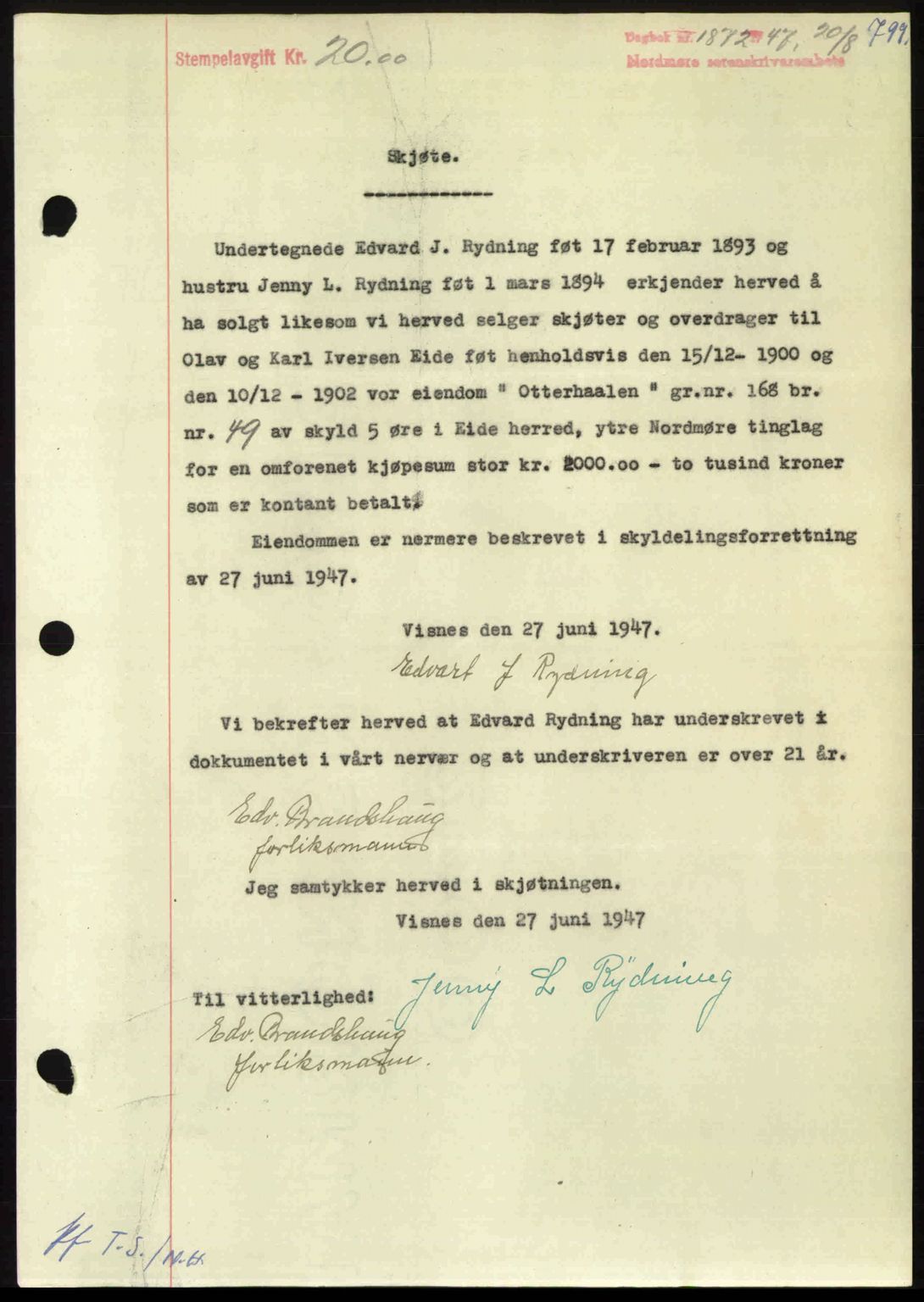 Nordmøre sorenskriveri, AV/SAT-A-4132/1/2/2Ca: Mortgage book no. A105, 1947-1947, Diary no: : 1872/1947