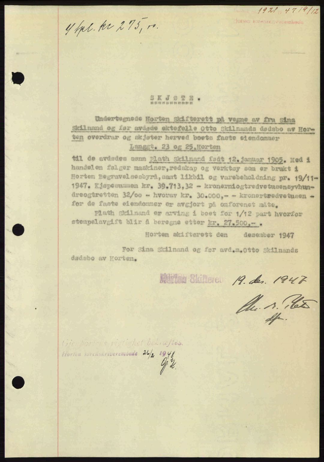 Horten sorenskriveri, AV/SAKO-A-133/G/Ga/Gaa/L0010: Mortgage book no. A-10, 1947-1948, Diary no: : 1921/1947