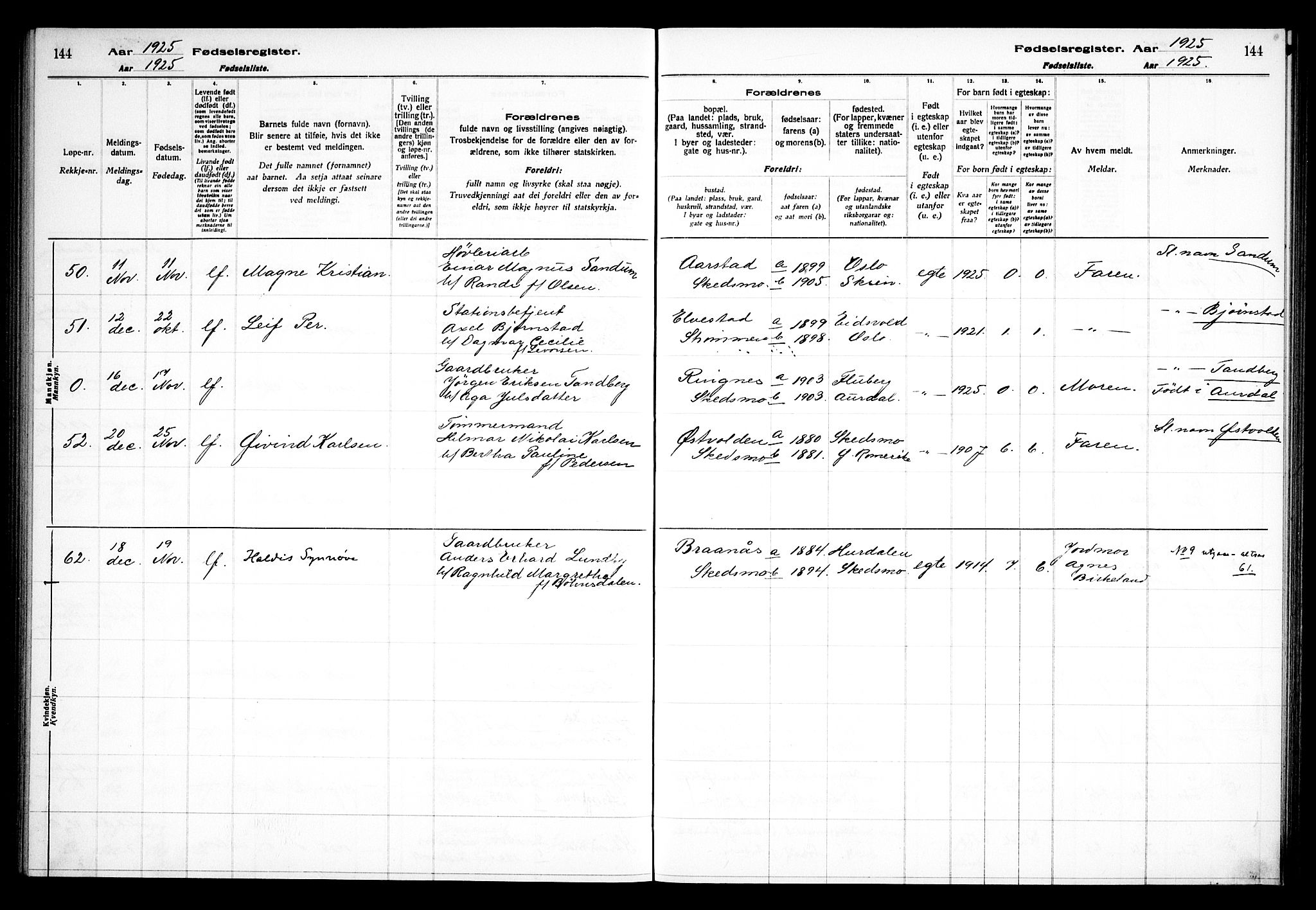 Skedsmo prestekontor Kirkebøker, AV/SAO-A-10033a/J/Ja/L0001: Birth register no. I 1, 1916-1931, p. 144