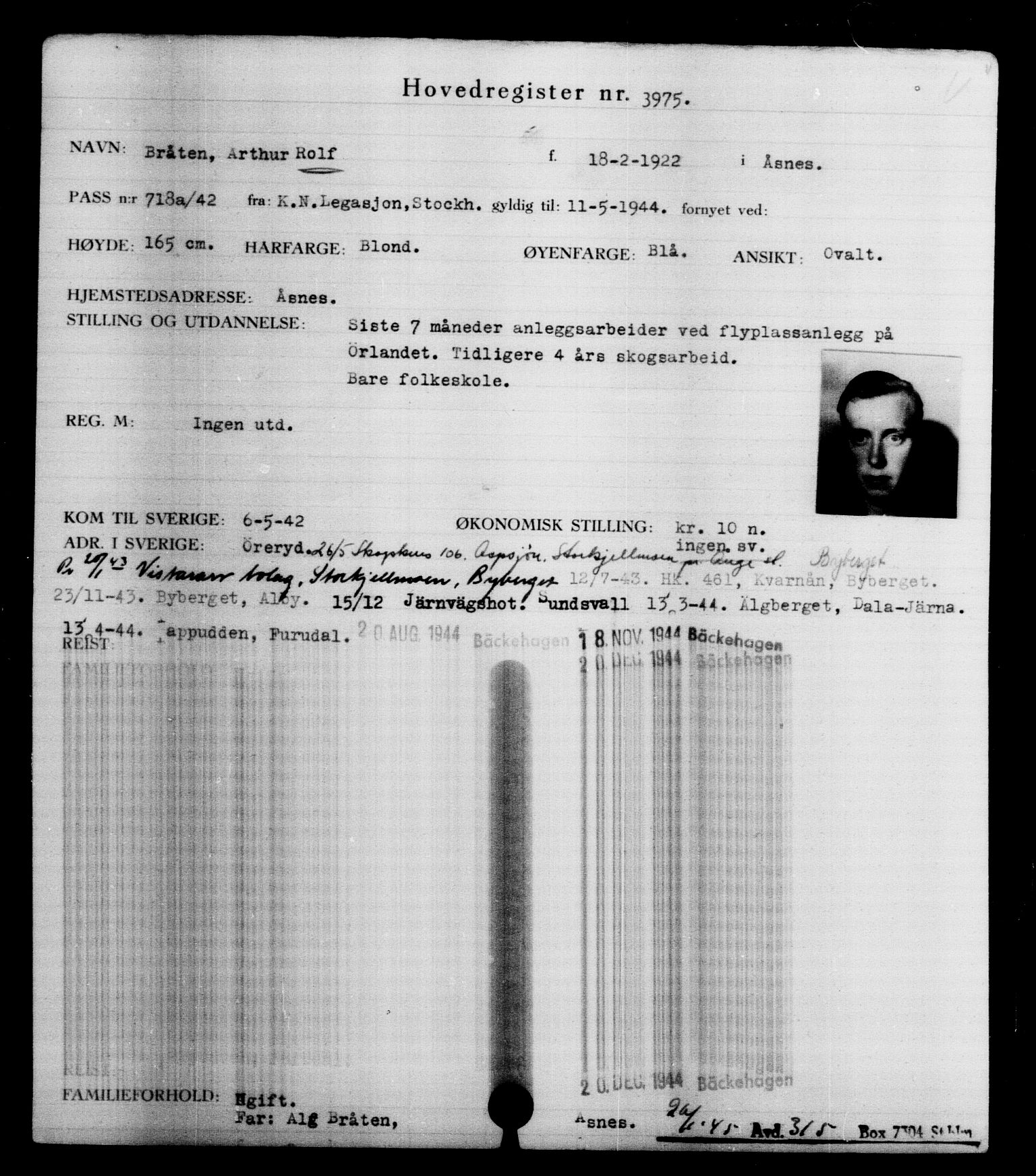 Utenriksstasjonene, Legasjonen i Stockholm, Flyktningkontoret, AV/RA-S-6753/V/Va/L0004: Kjesäterkartoteket, flyktninger med registreringsnr. 3496-6610, 1940-1945, p. 559
