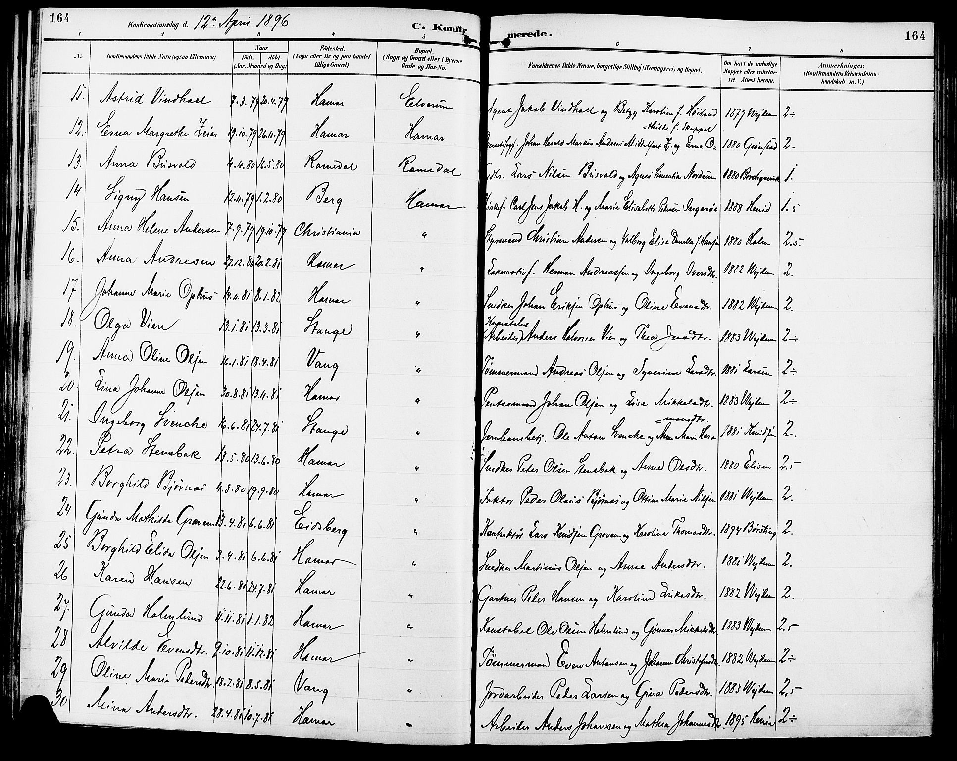 Vang prestekontor, Hedmark, AV/SAH-PREST-008/H/Ha/Haa/L0017: Parish register (official) no. 17, 1890-1899, p. 164