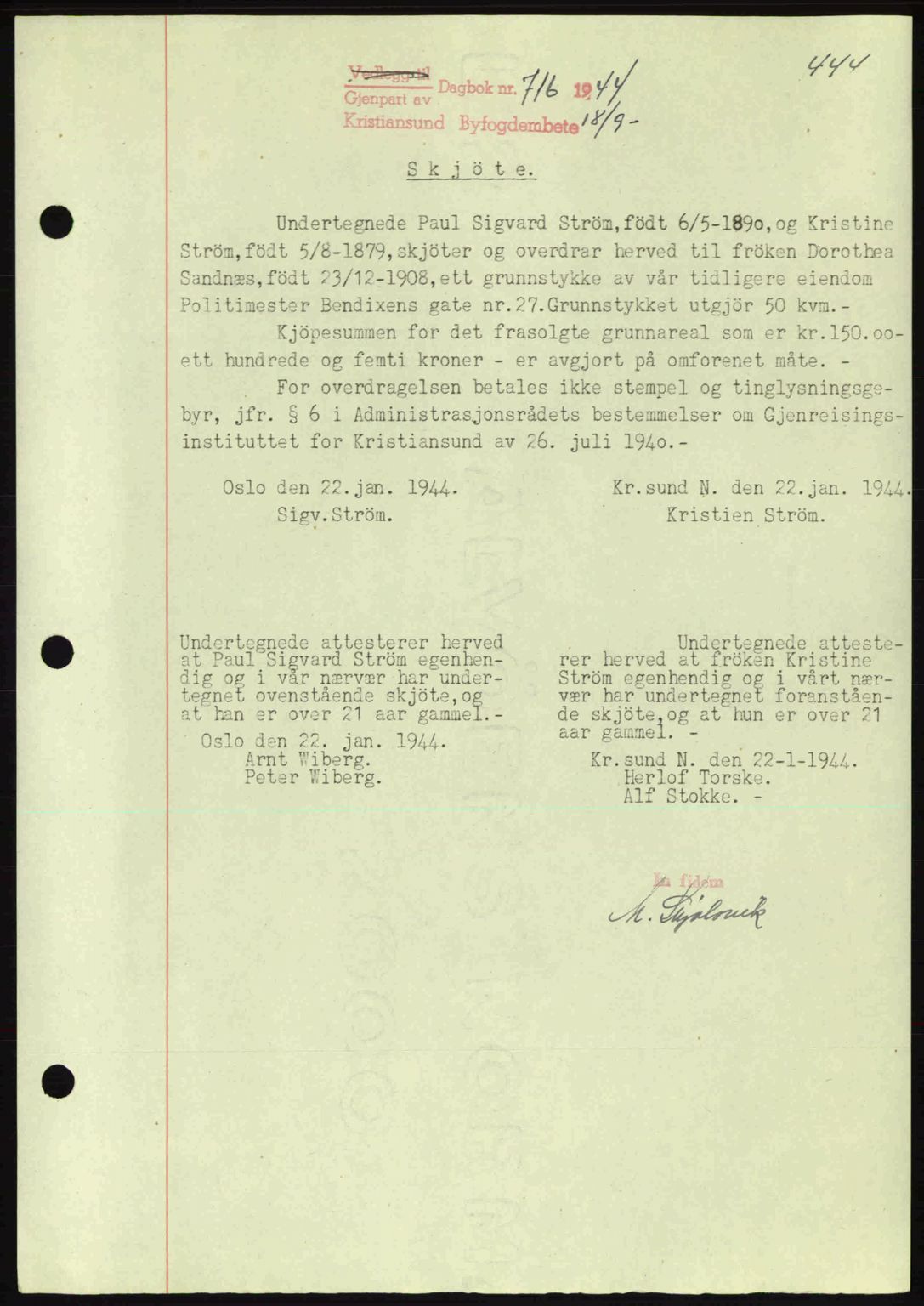 Kristiansund byfogd, AV/SAT-A-4587/A/27: Mortgage book no. 34, 1941-1945, Diary no: : 716/1944