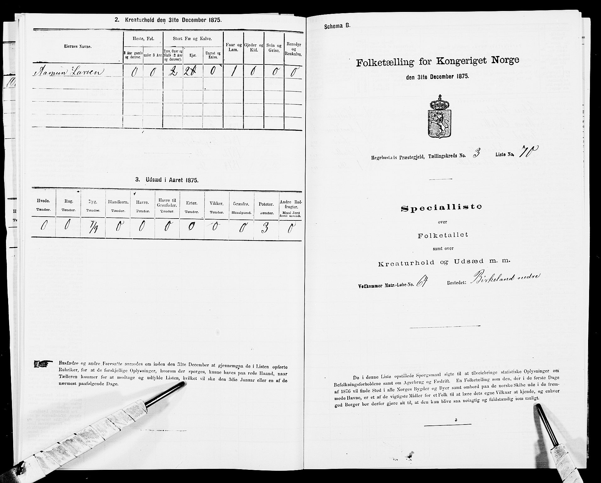 SAK, 1875 census for 1034P Hægebostad, 1875, p. 341