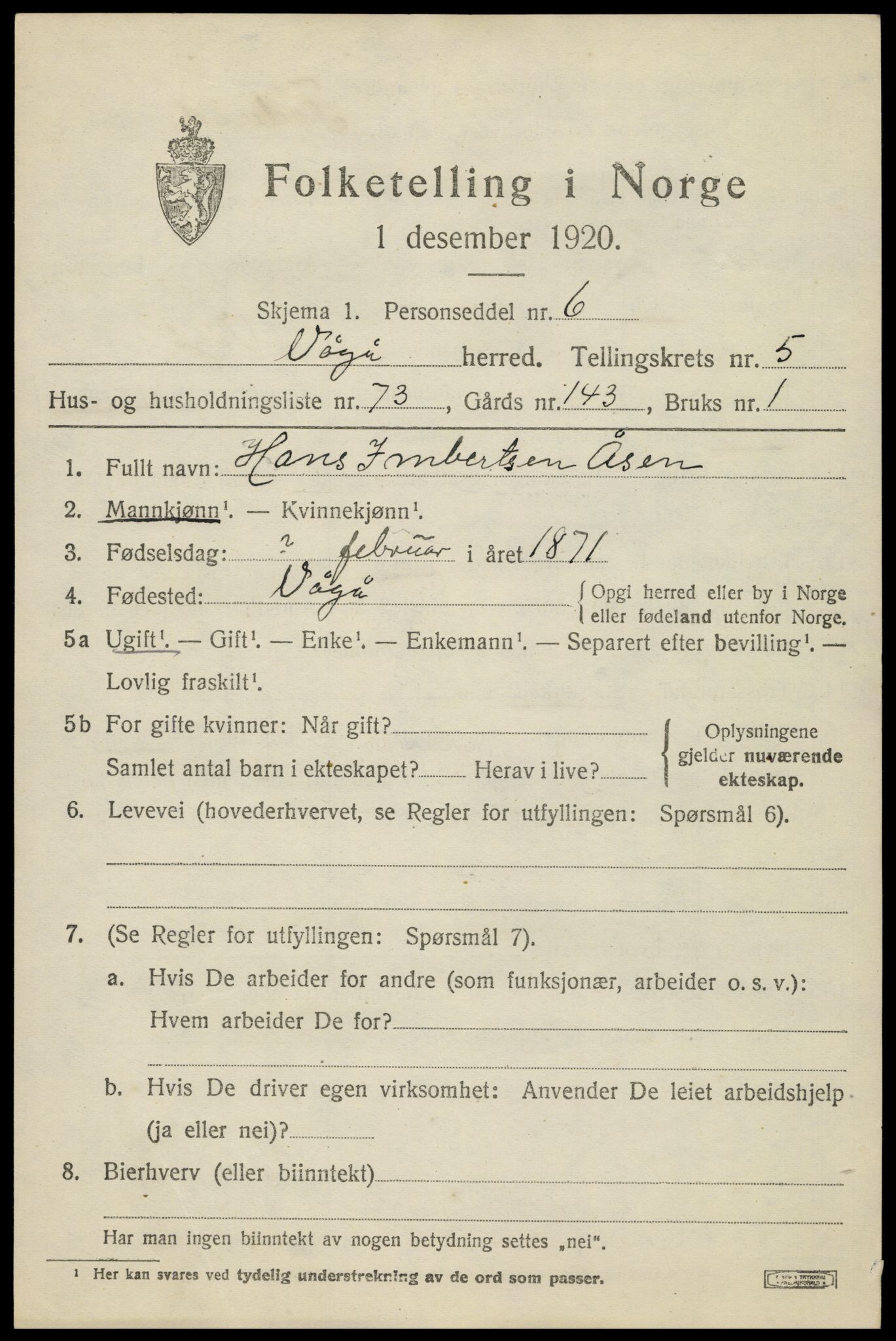 SAH, 1920 census for Vågå, 1920, p. 4698