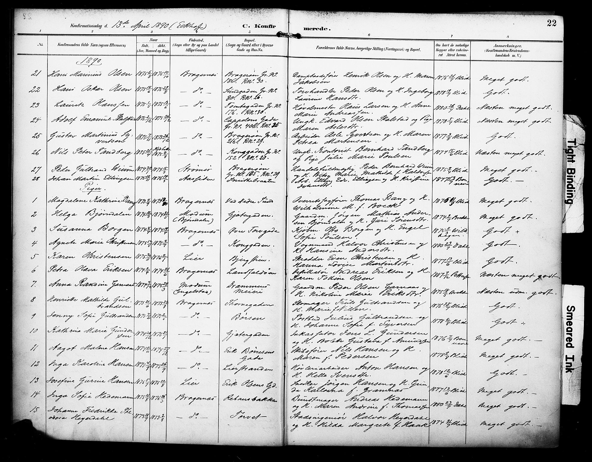 Bragernes kirkebøker, AV/SAKO-A-6/F/Fc/L0006: Parish register (official) no. III 6, 1888-1899, p. 22