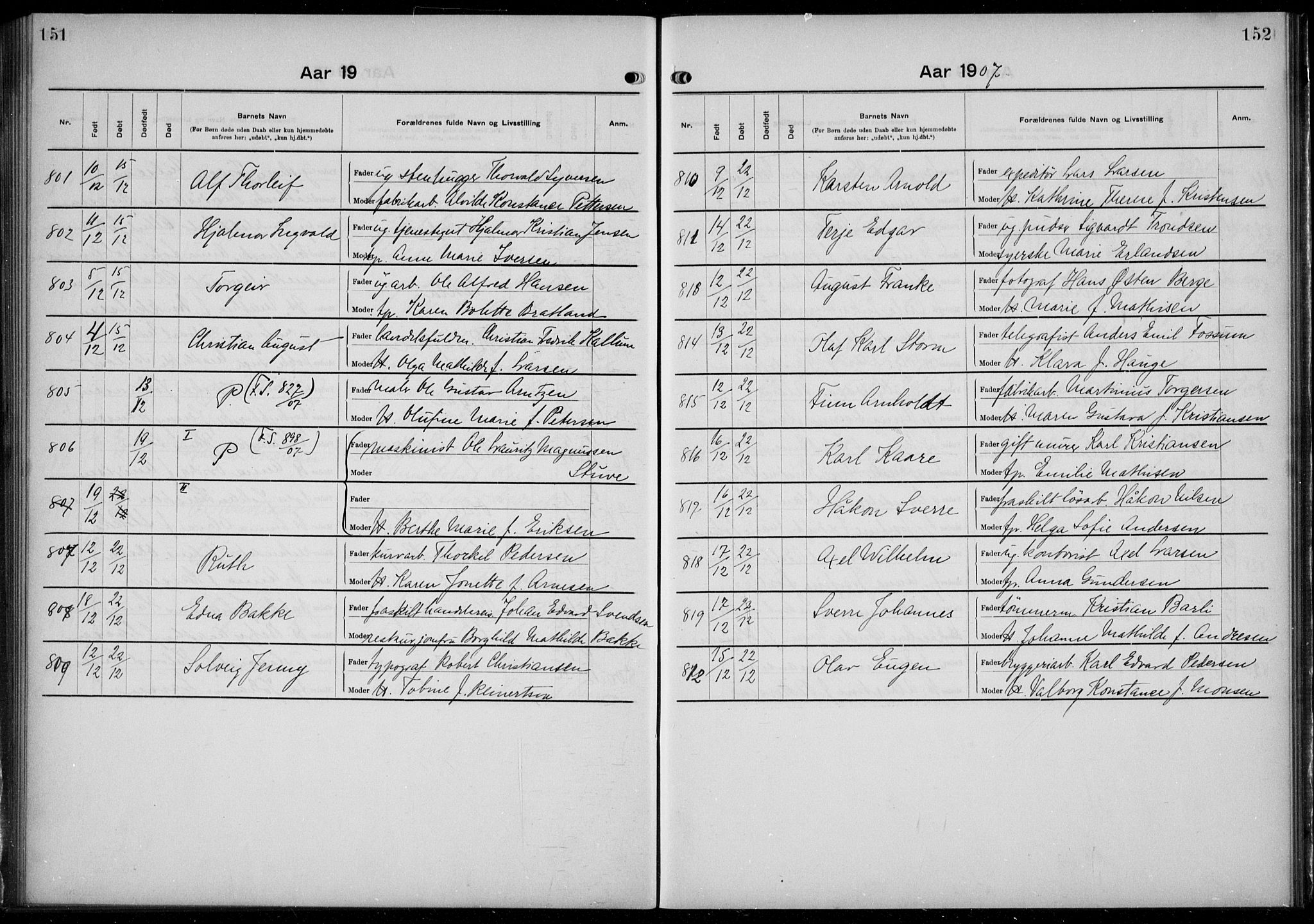 Rikshospitalet prestekontor Kirkebøker, AV/SAO-A-10309b/K/L0006/0002: Baptism register no. 6.2, 1906-1908, p. 151-152