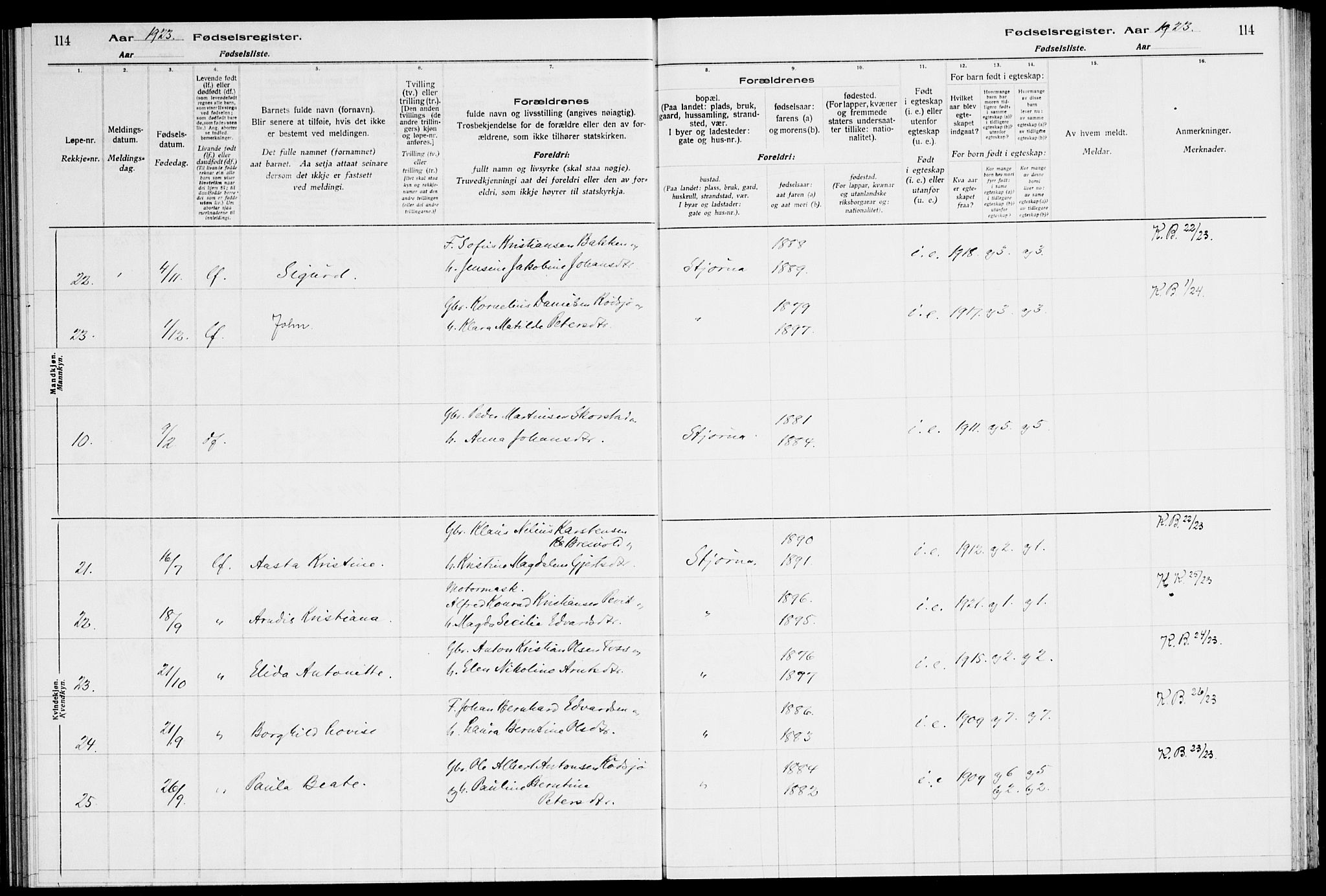 Ministerialprotokoller, klokkerbøker og fødselsregistre - Sør-Trøndelag, AV/SAT-A-1456/651/L0650: Birth register no. 651.II.4.1, 1916-1923, p. 114