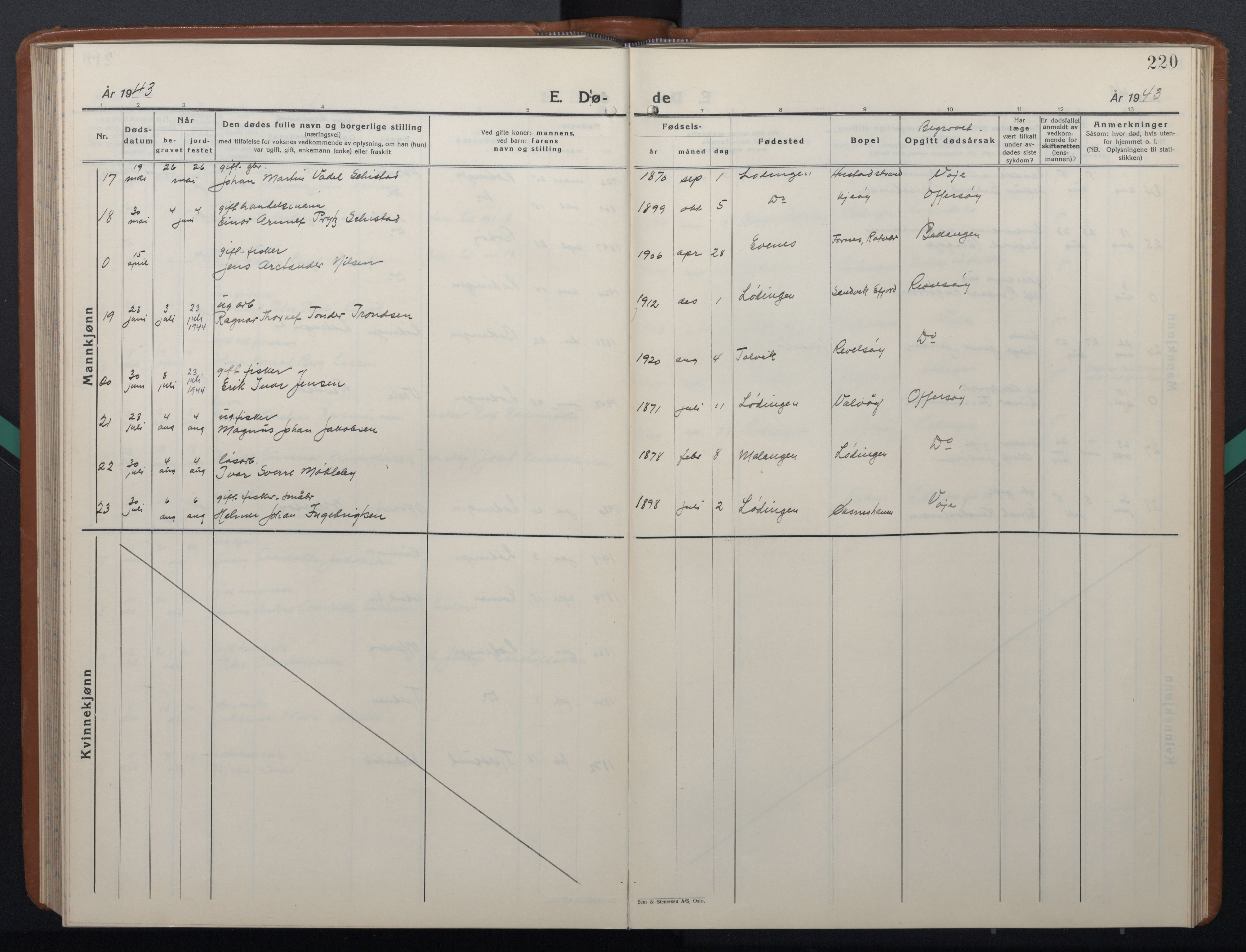 Ministerialprotokoller, klokkerbøker og fødselsregistre - Nordland, AV/SAT-A-1459/872/L1051: Parish register (copy) no. 872C07, 1939-1947, p. 220