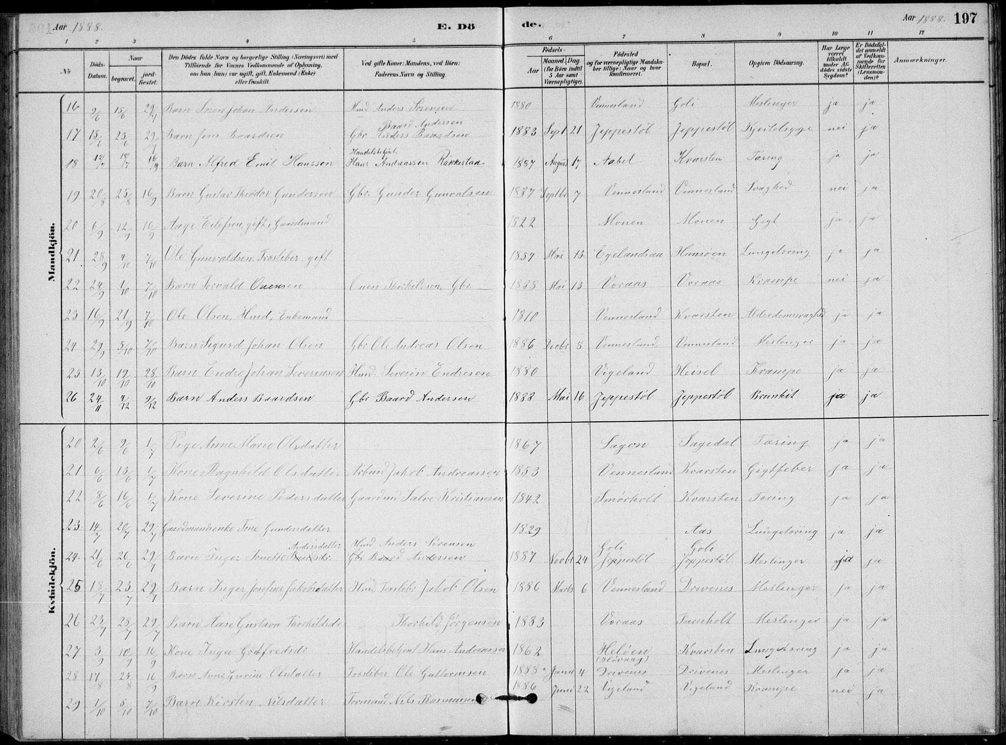 Vennesla sokneprestkontor, AV/SAK-1111-0045/Fb/Fbb/L0003: Parish register (copy) no. B 3, 1879-1893, p. 197