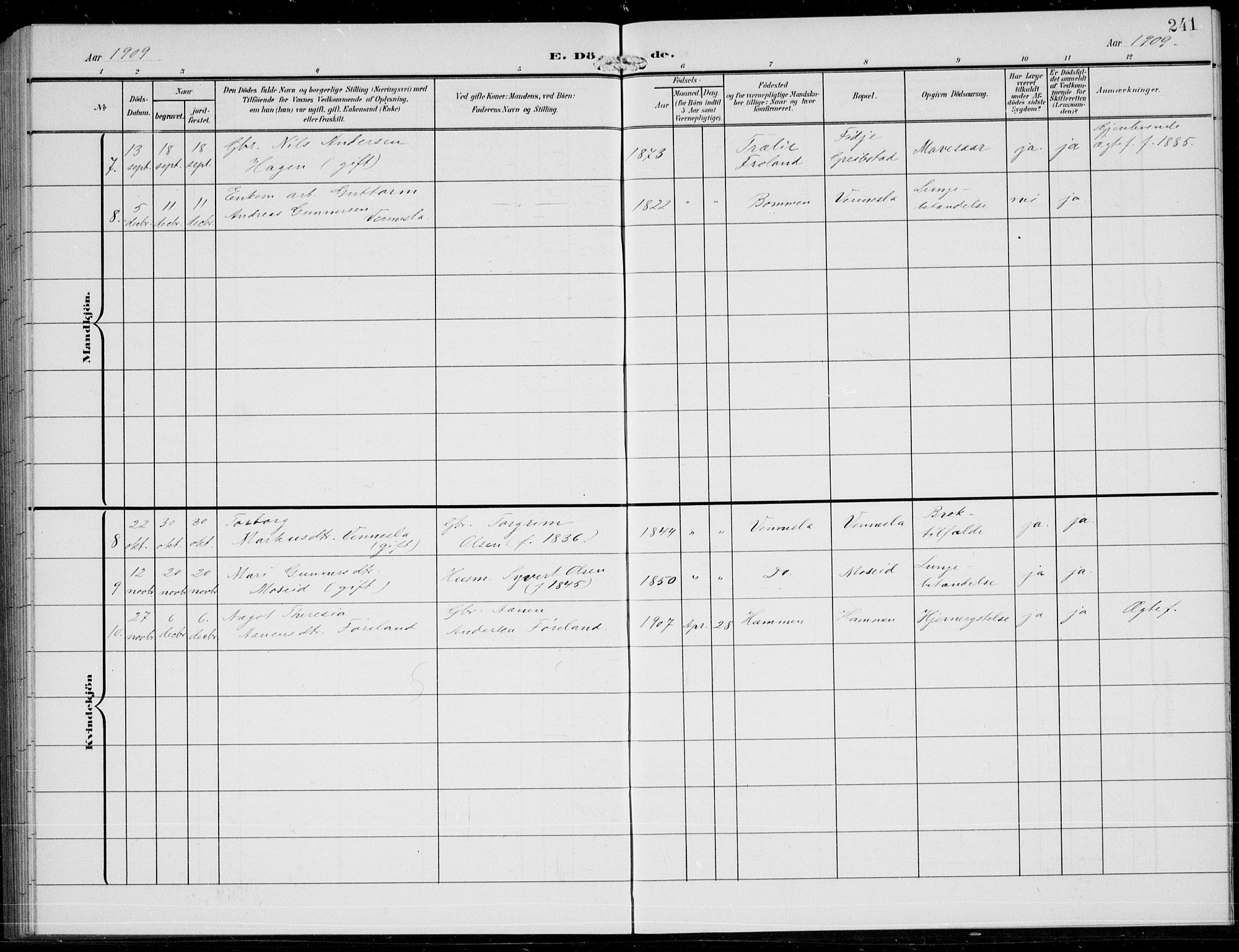 Vennesla sokneprestkontor, AV/SAK-1111-0045/Fb/Fbb/L0005: Parish register (copy) no. B 5, 1903-1913, p. 241