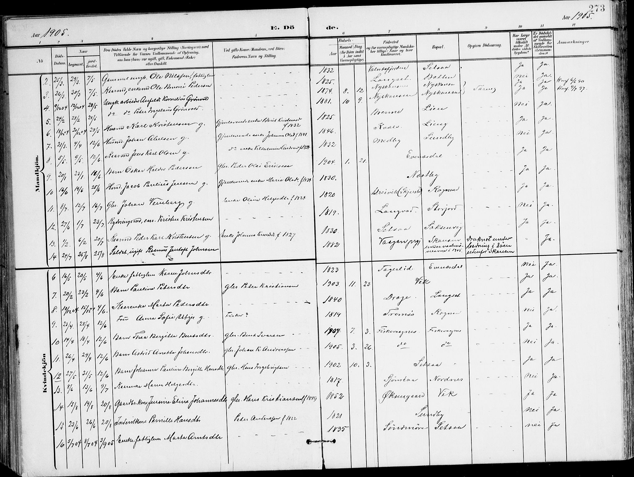 Ministerialprotokoller, klokkerbøker og fødselsregistre - Nordland, AV/SAT-A-1459/847/L0672: Parish register (official) no. 847A12, 1902-1919, p. 273