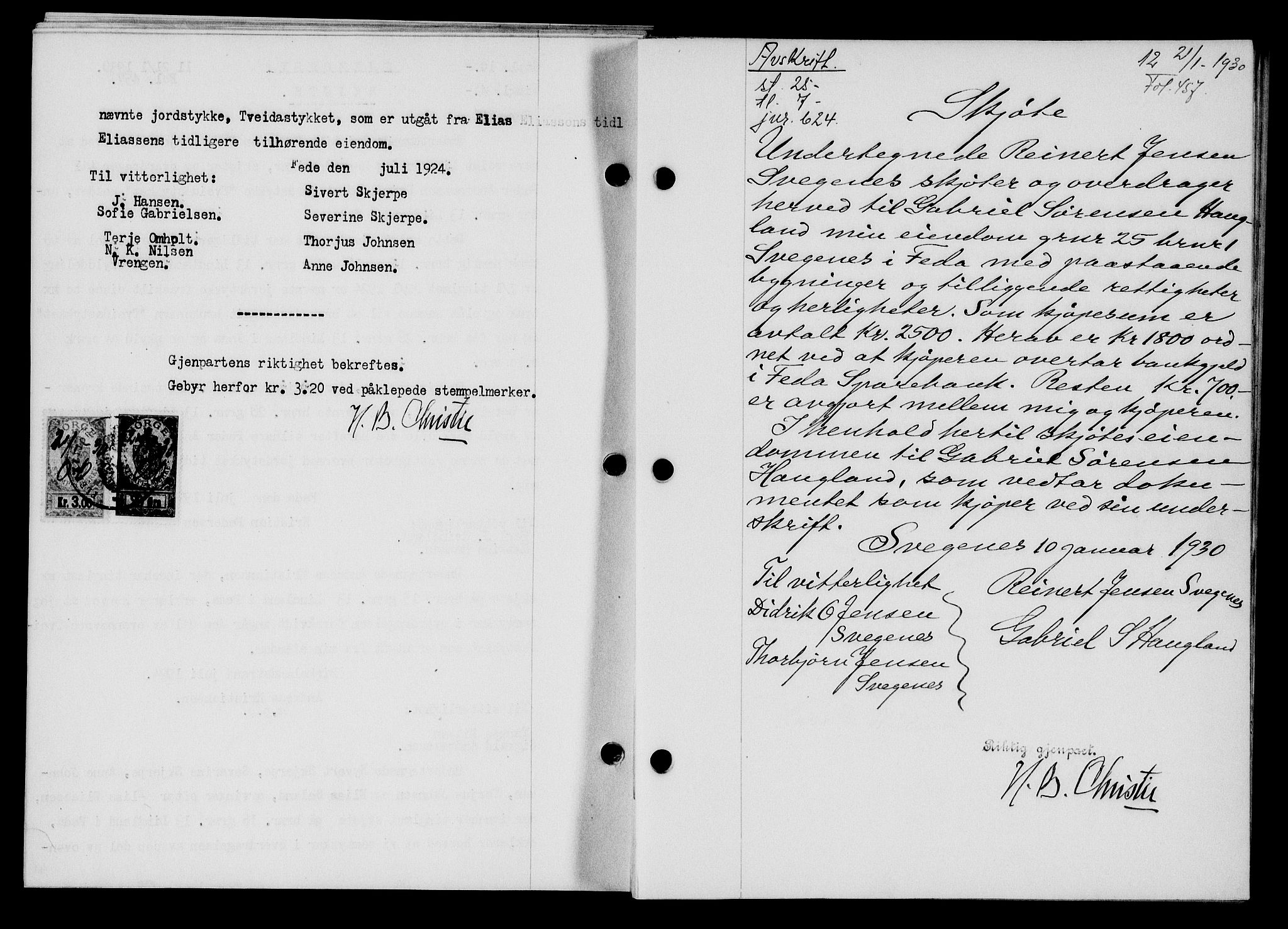 Flekkefjord sorenskriveri, SAK/1221-0001/G/Gb/Gba/L0045: Mortgage book no. 43, 1929-1930, Deed date: 21.01.1930