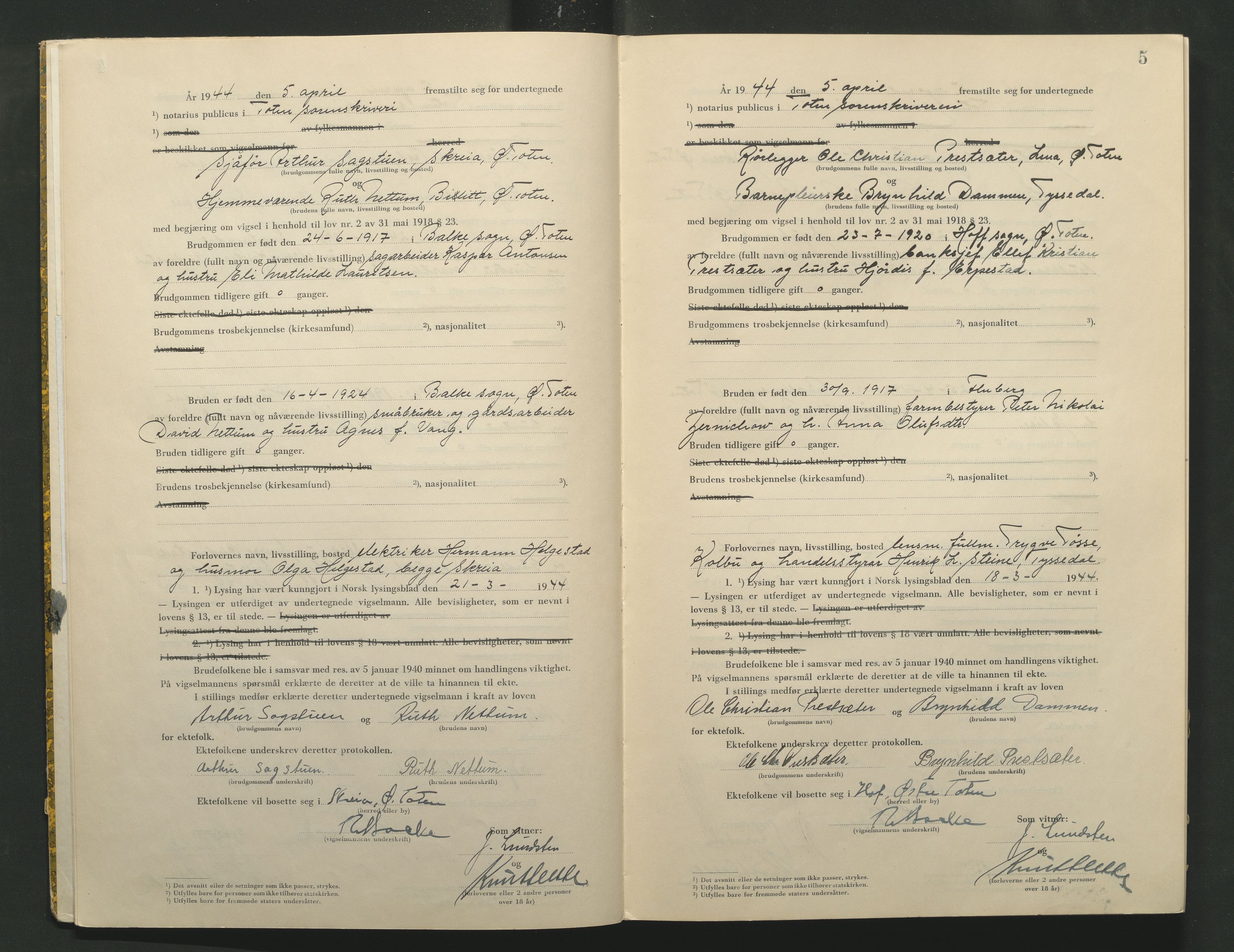 Toten tingrett, AV/SAH-TING-006/L/Lc/L0004: Vigselbok, 1944, p. 5